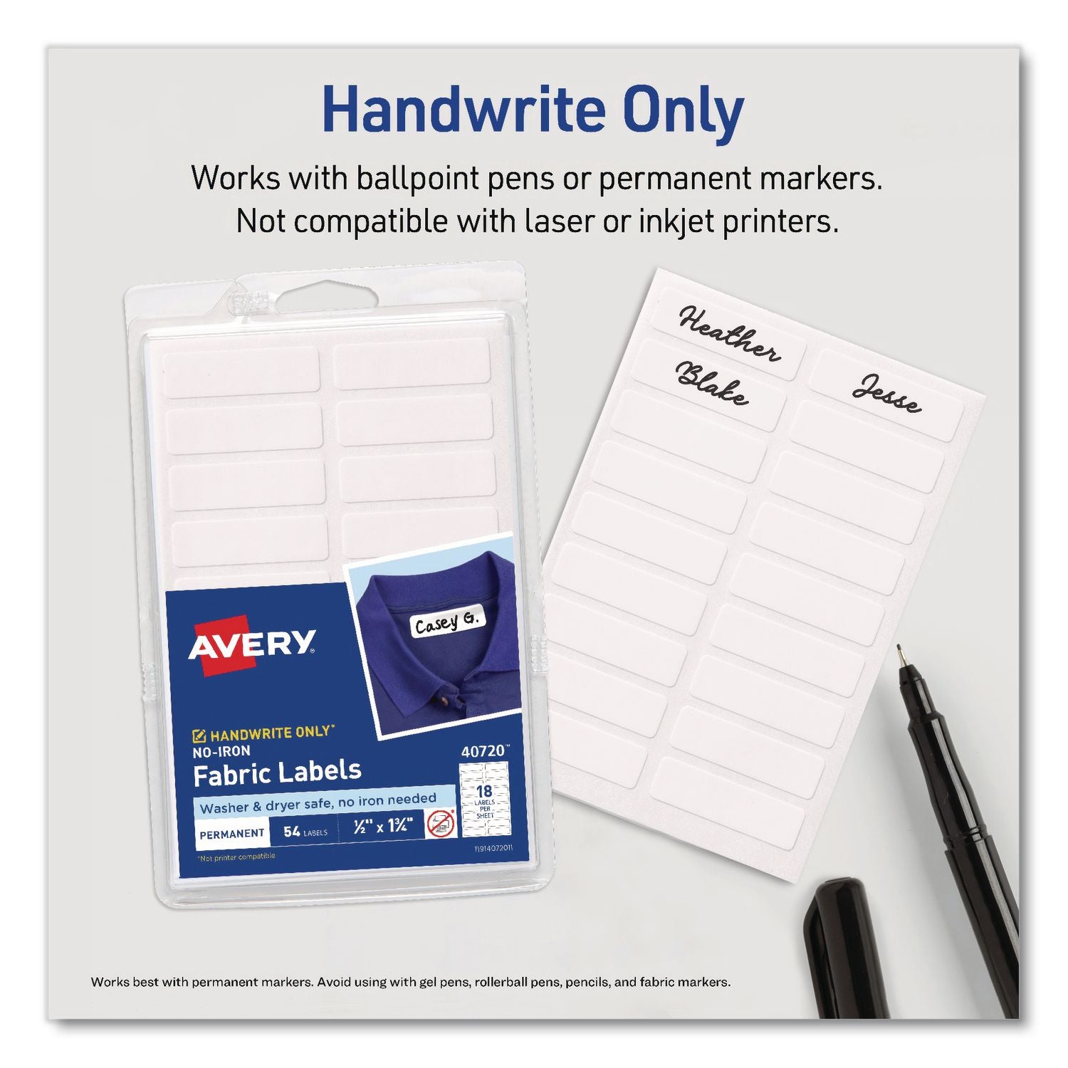 No-Iron Fabric Labels, Handwrite Only, 0.5 X 1.75, White, 18/Sheet, 10 Sheets/Pack