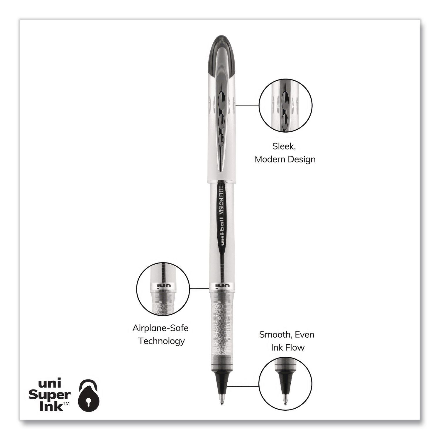 VISION ELITE Rollerball Pen, Stick, Bold 0.8 Mm, Black Ink, White/Black/Clear Barrel, Dozen