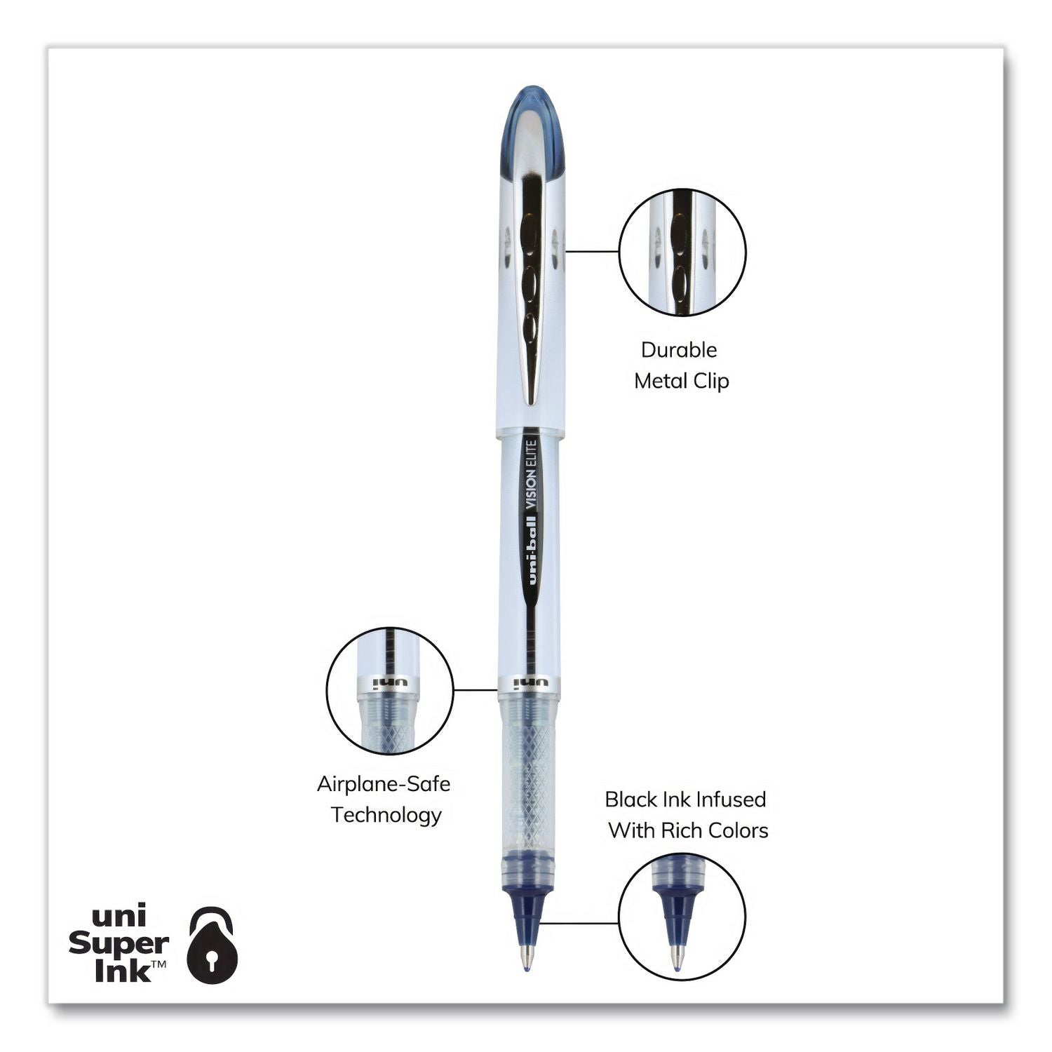 VISION ELITE BLX Series Rollerball Pen, Stick, Bold 0.8 Mm, Blue-Infused Black Ink, White/Blue/Clear Barrel, Dozen
