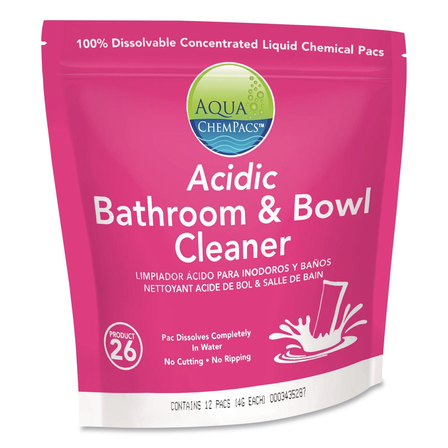 Aqua Chempacs Acidic Bathroom And Bowl Cleaner, Lavender Scent, 4 G Packets, 12 Chempacs/Pack, 4 Packs/Carton