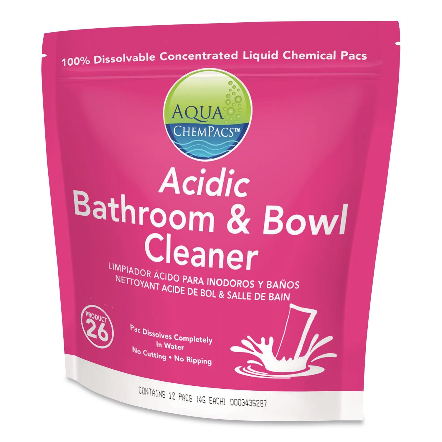 Aqua Chempacs Acidic Bathroom And Bowl Cleaner, Lavender Scent, 4 G Packets, 12 Chempacs/Pack, 4 Packs/Carton