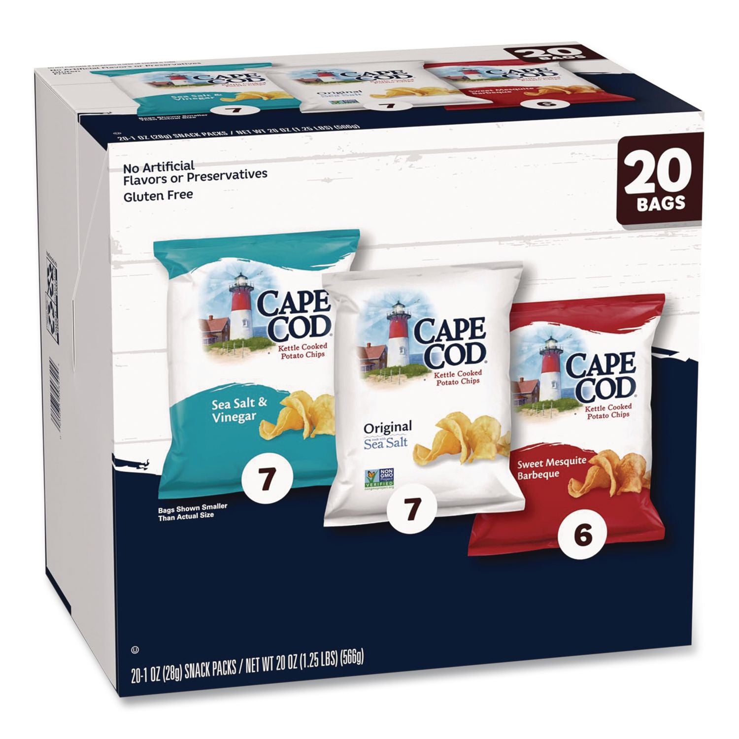 Gluten-Free Potato Chips Variety Pack, Sea Salt And Vinegar/Sweet Mesquite Barbeque/Original Sea Salt, 1 Oz Bag, 20/Carton