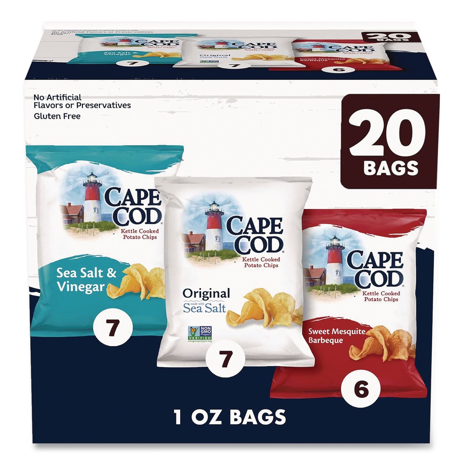 Gluten-Free Potato Chips Variety Pack, Sea Salt And Vinegar/Sweet Mesquite Barbeque/Original Sea Salt, 1 Oz Bag, 20/Carton