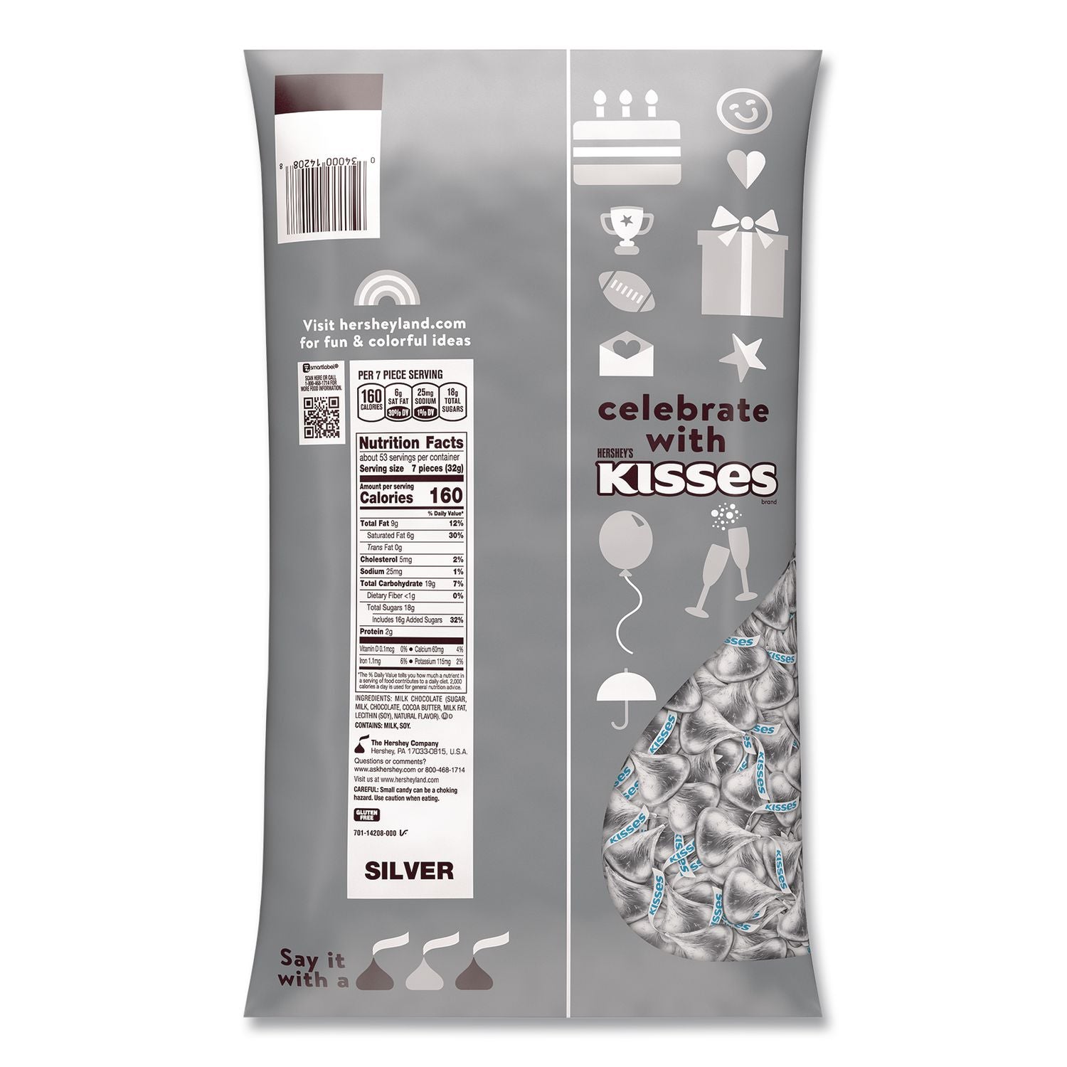 KISSES Milk Chocolate Candy, Silver Foils, 60 Oz Bag