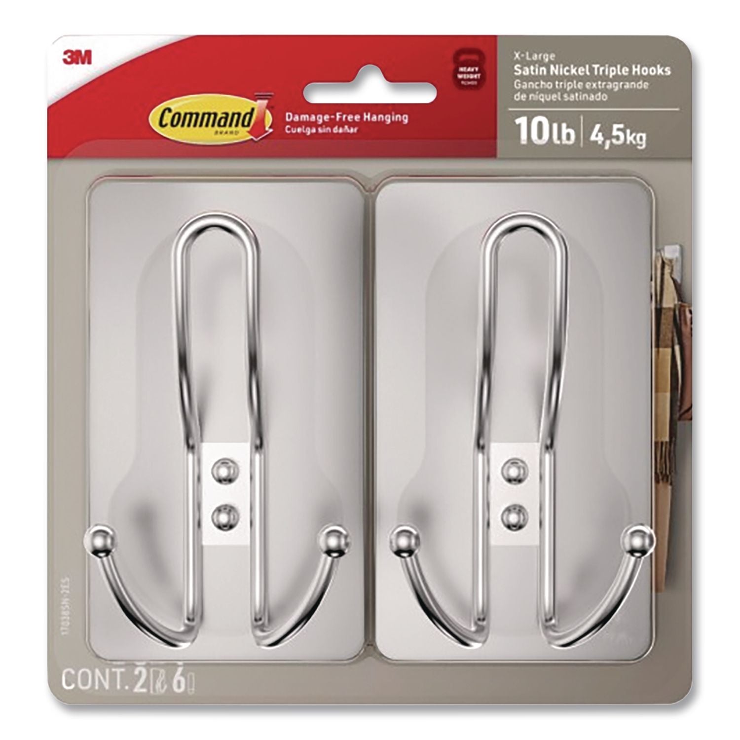Decorative X-Large Triple Hooks, Metal, Satin Nickel, Supports 10 Lb, 2/Pack