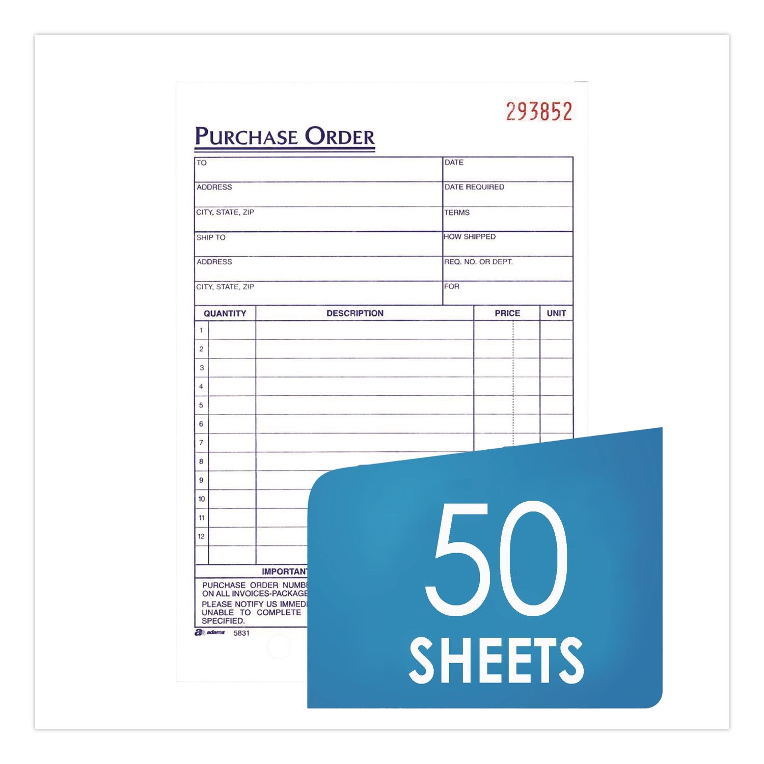 Multipart Purchase Order Pad, Three Part Carbonless, 5.56 X 8.44, 50 Forms Total