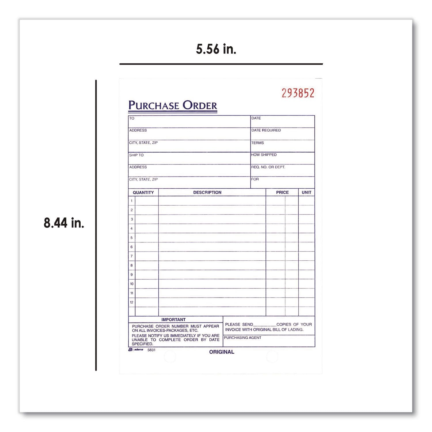 Multipart Purchase Order Pad, Three Part Carbonless, 5.56 X 8.44, 50 Forms Total