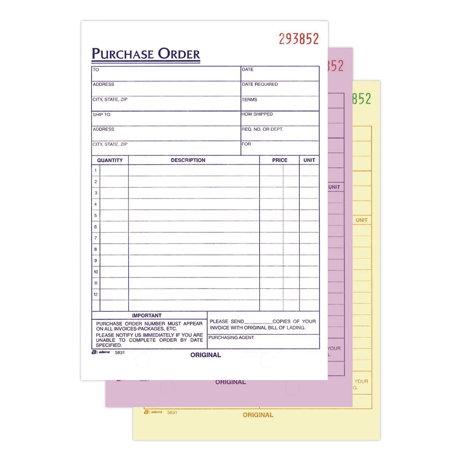 Multipart Purchase Order Pad, Three Part Carbonless, 5.56 X 8.44, 50 Forms Total