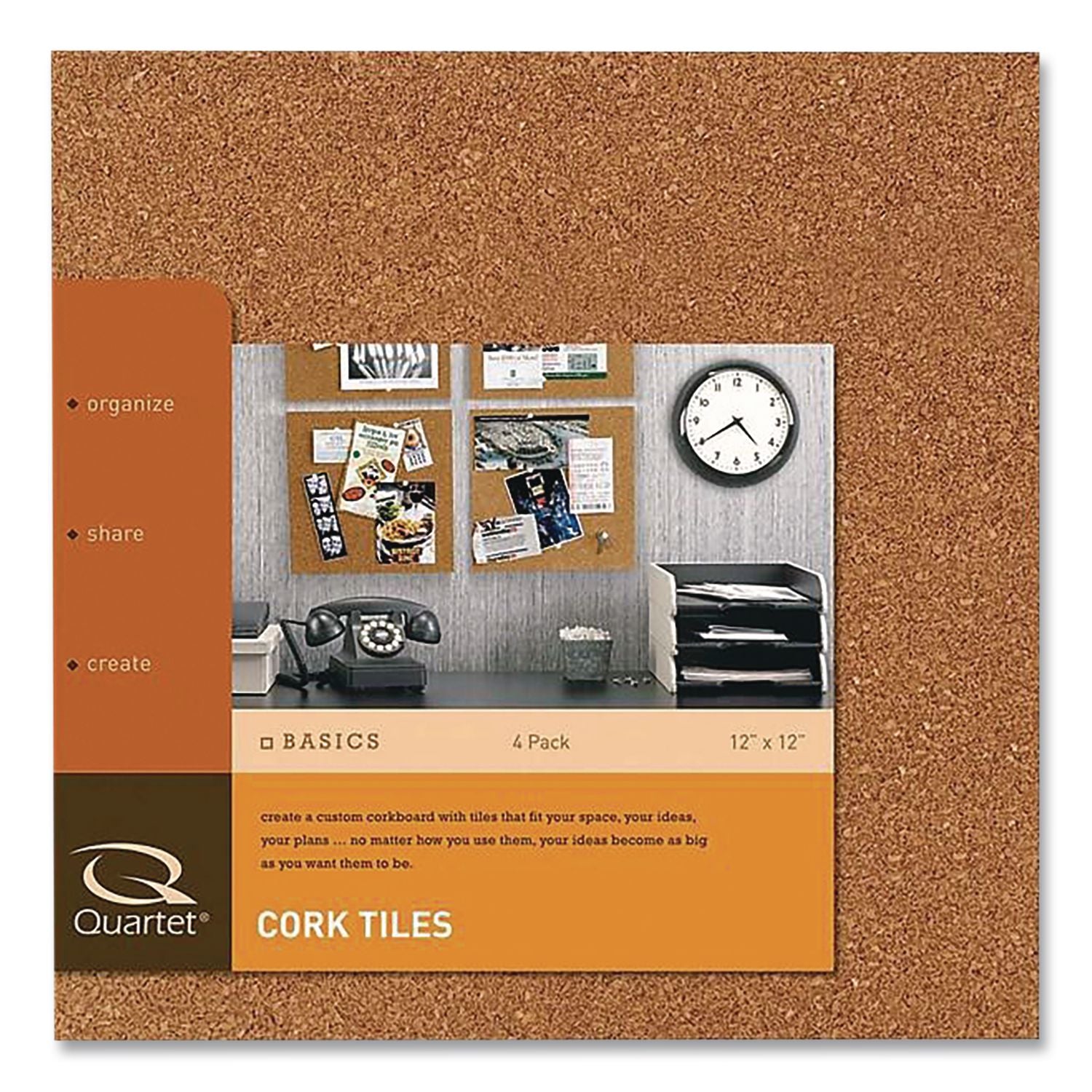 Cork Bulletin Board Tiles, 1 Ft X 1 Ft, Brown Surface, Frameless, 4/Pack