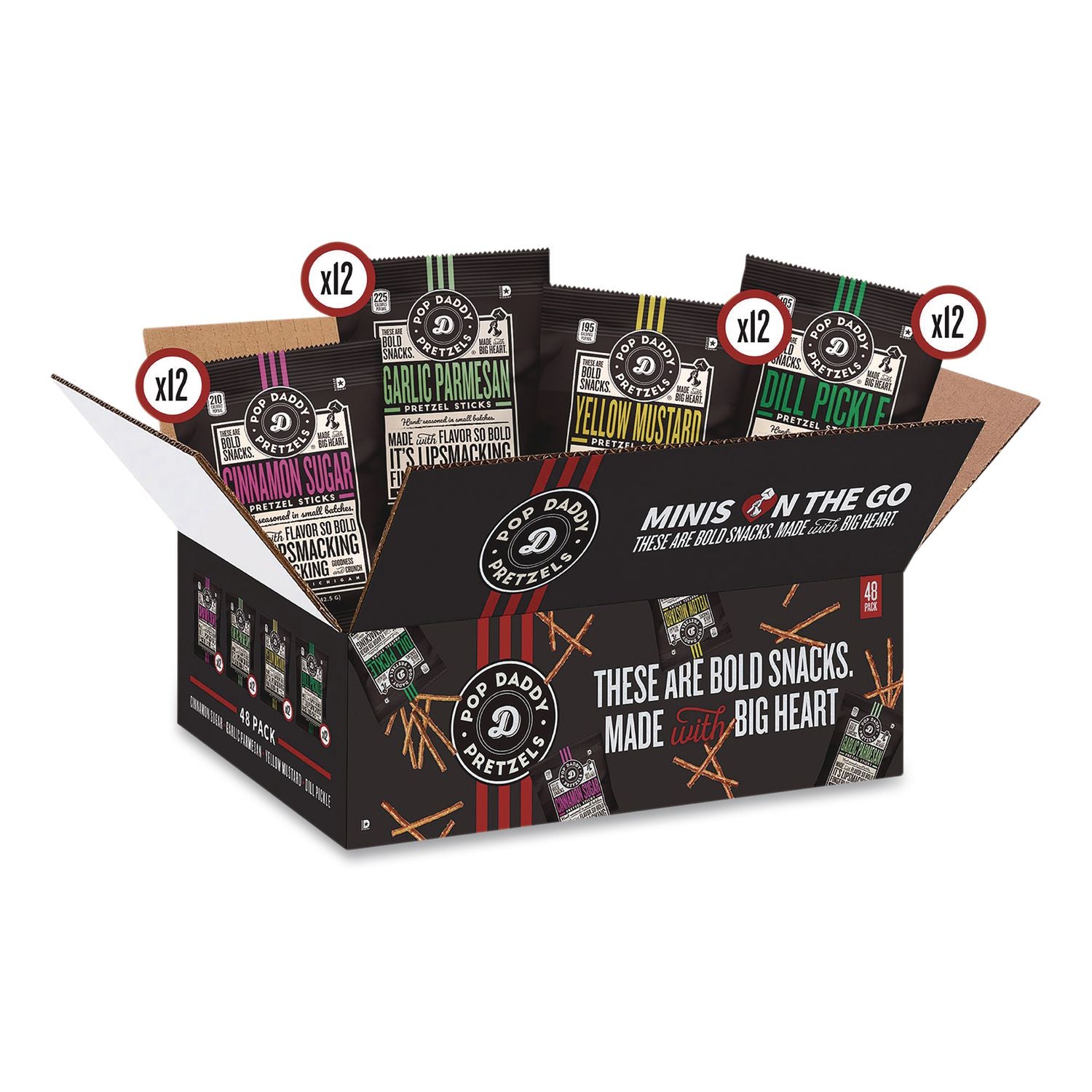 Pretzel Sticks Variety Pack, 12 Each: Cinnamon Sugar; Dill Pickle; Garlic Parmesan; Yellow Mustard, 1.5 Oz Bag, 48/Carton