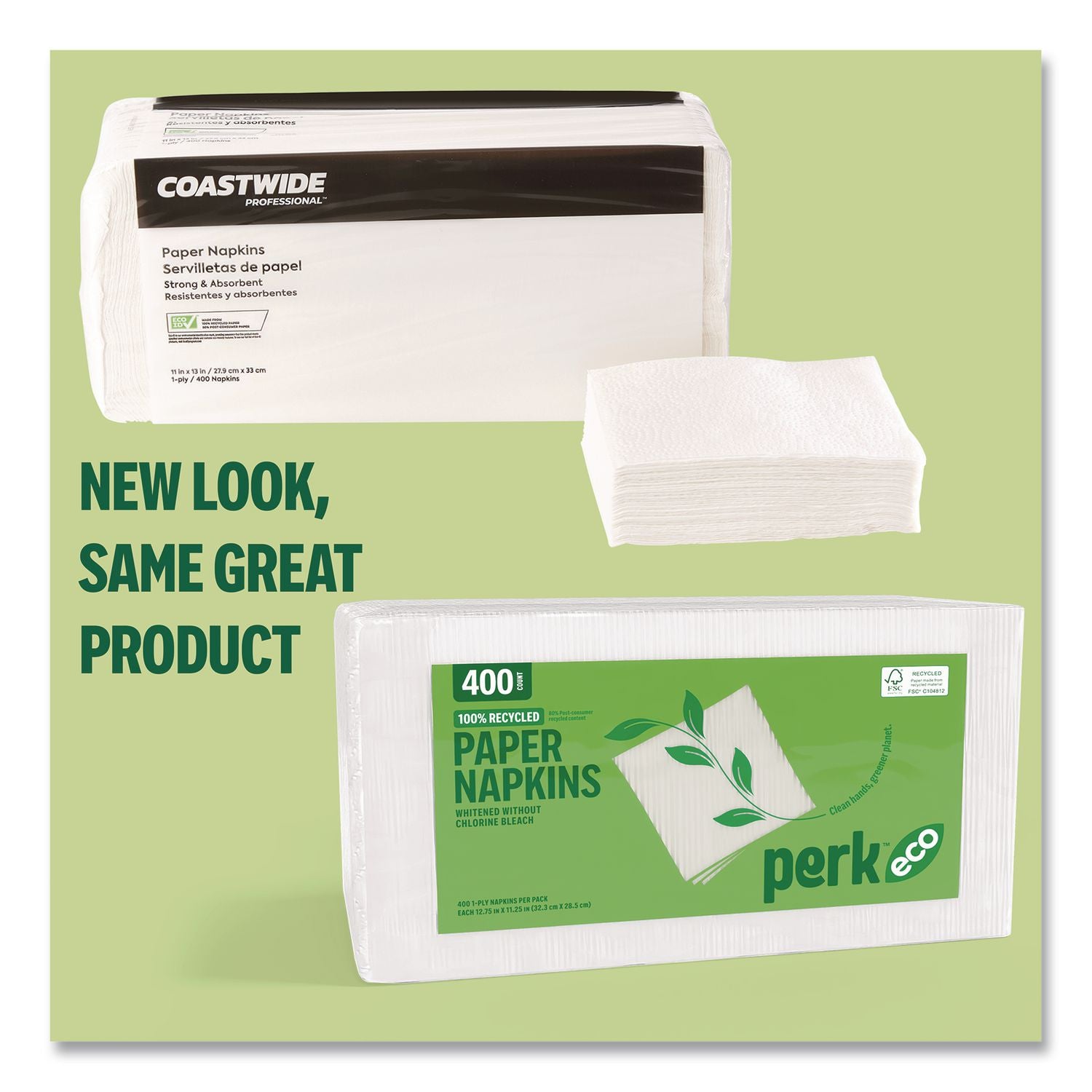 Eco Recycled Paper Napkins, 1-Ply, 12.75 X 11.25, White, 400/Pack