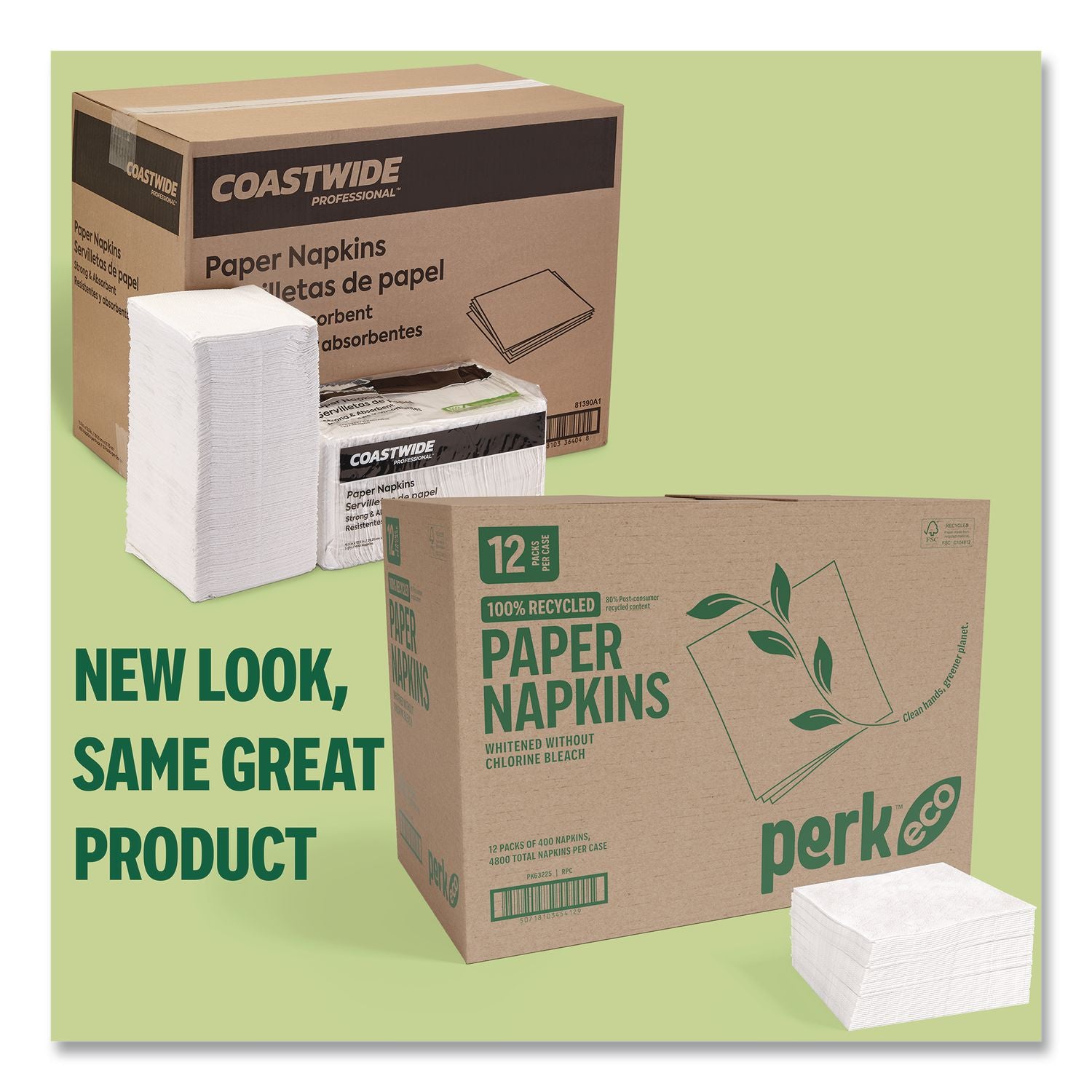Eco Recycled Paper Napkins, 1-Ply, 12.75 X 11.25, White, 400/Pack, 12 Packs/Carton