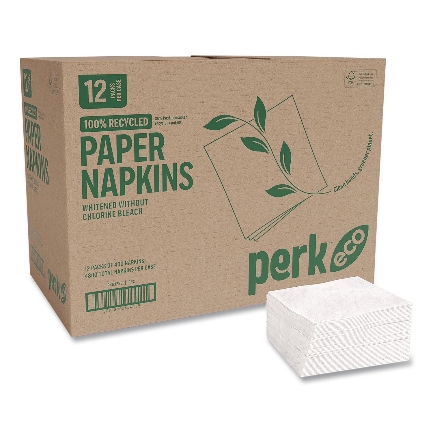 Eco Recycled Paper Napkins, 1-Ply, 12.75 X 11.25, White, 400/Pack, 12 Packs/Carton