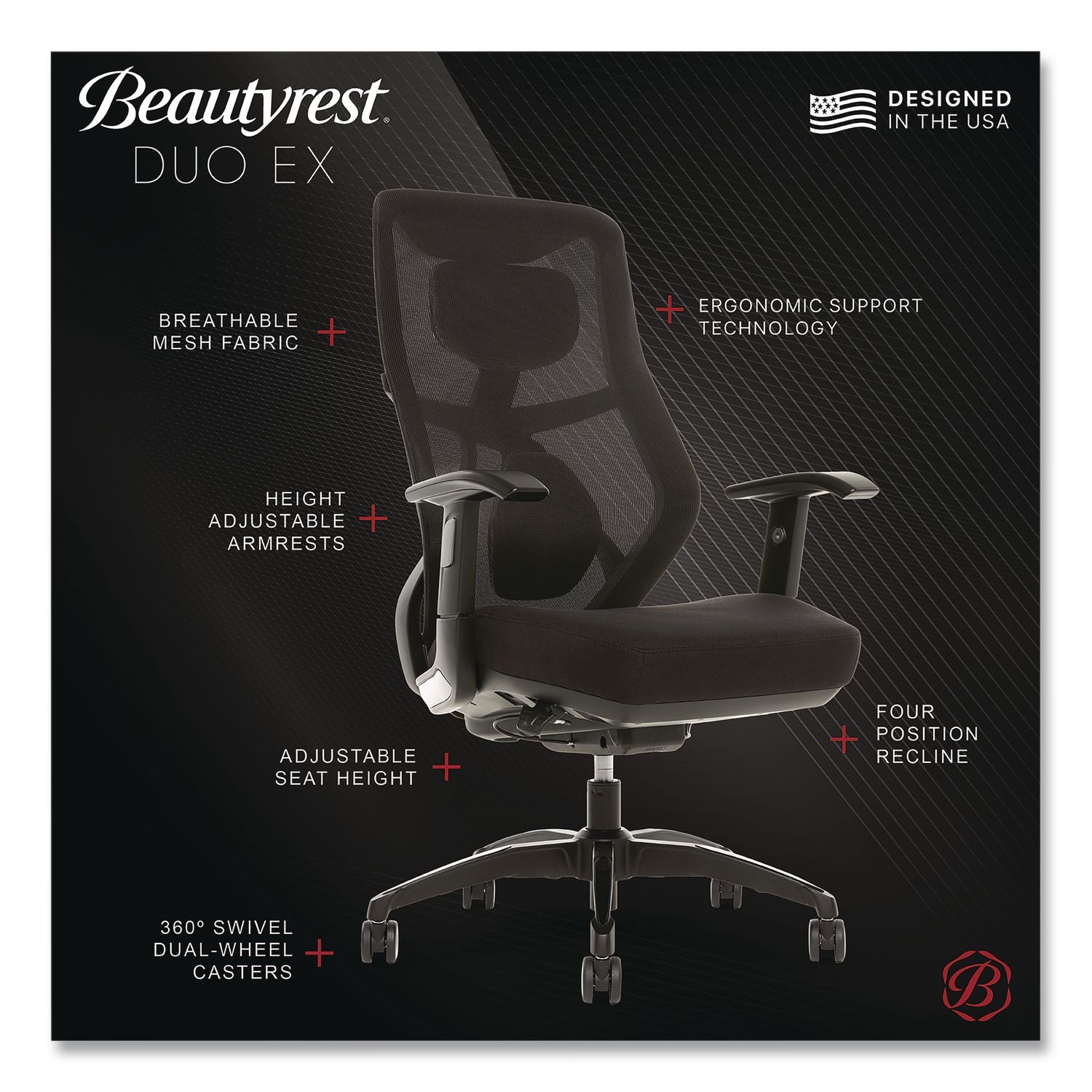 Duo-Ex Ergonomic Mesh Back Task Chair, Supports Up To 275 Lb, 19" To 22" Seat Height, Black