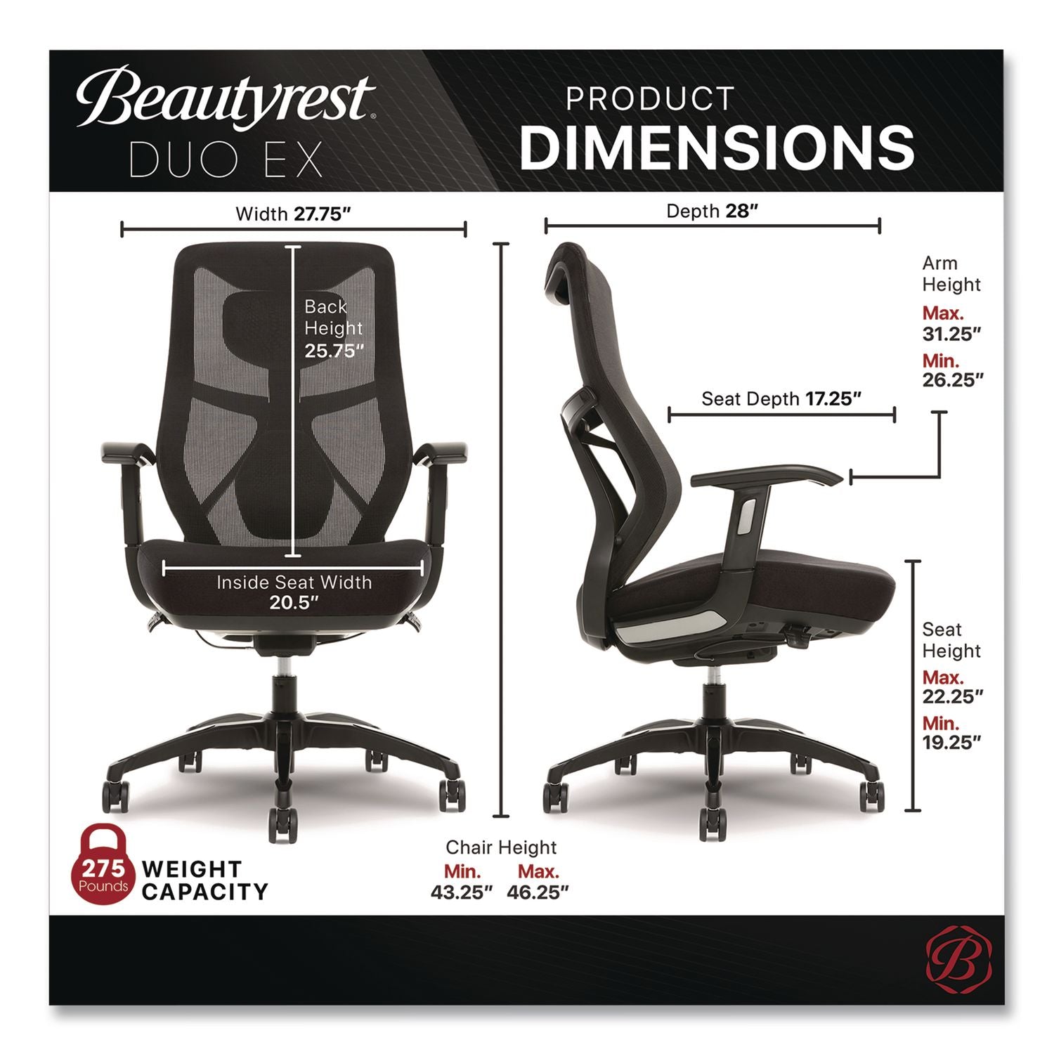 Duo-Ex Ergonomic Mesh Back Task Chair, Supports Up To 275 Lb, 19" To 22" Seat Height, Black