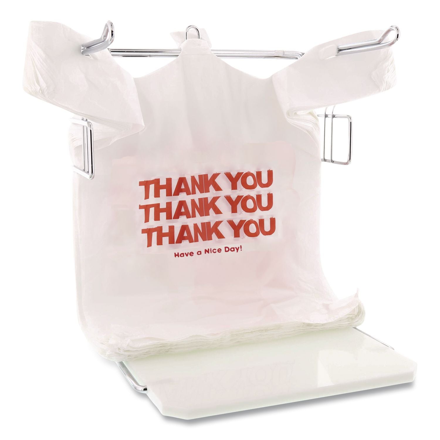 Plastic Shopping Bags, "Thank You - Have A Nice Day", Cut-Out Handles, 22 X 11.5 X 6, White/Red, 250/Box