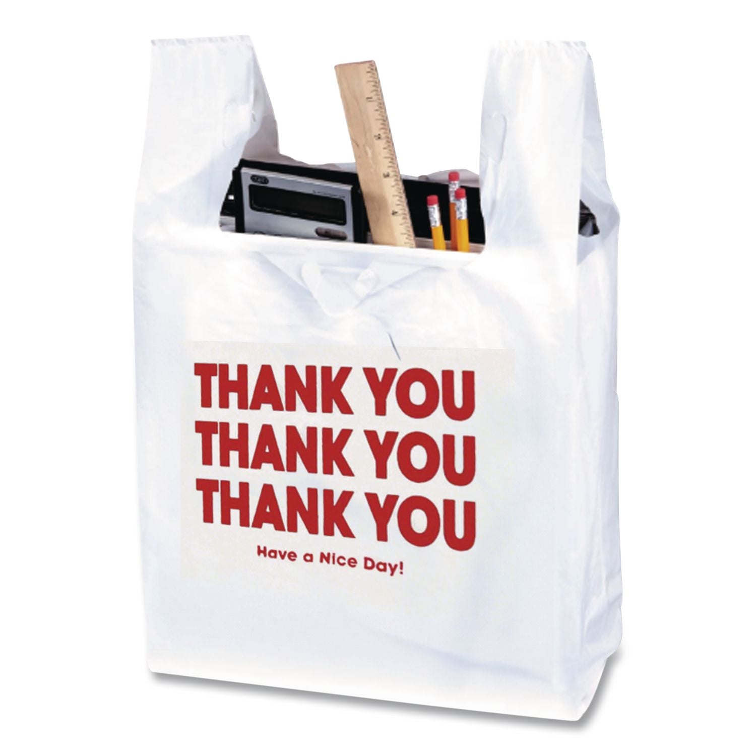 Plastic Shopping Bags, "Thank You - Have A Nice Day", Cut-Out Handles, 22 X 11.5 X 6, White/Red, 250/Box