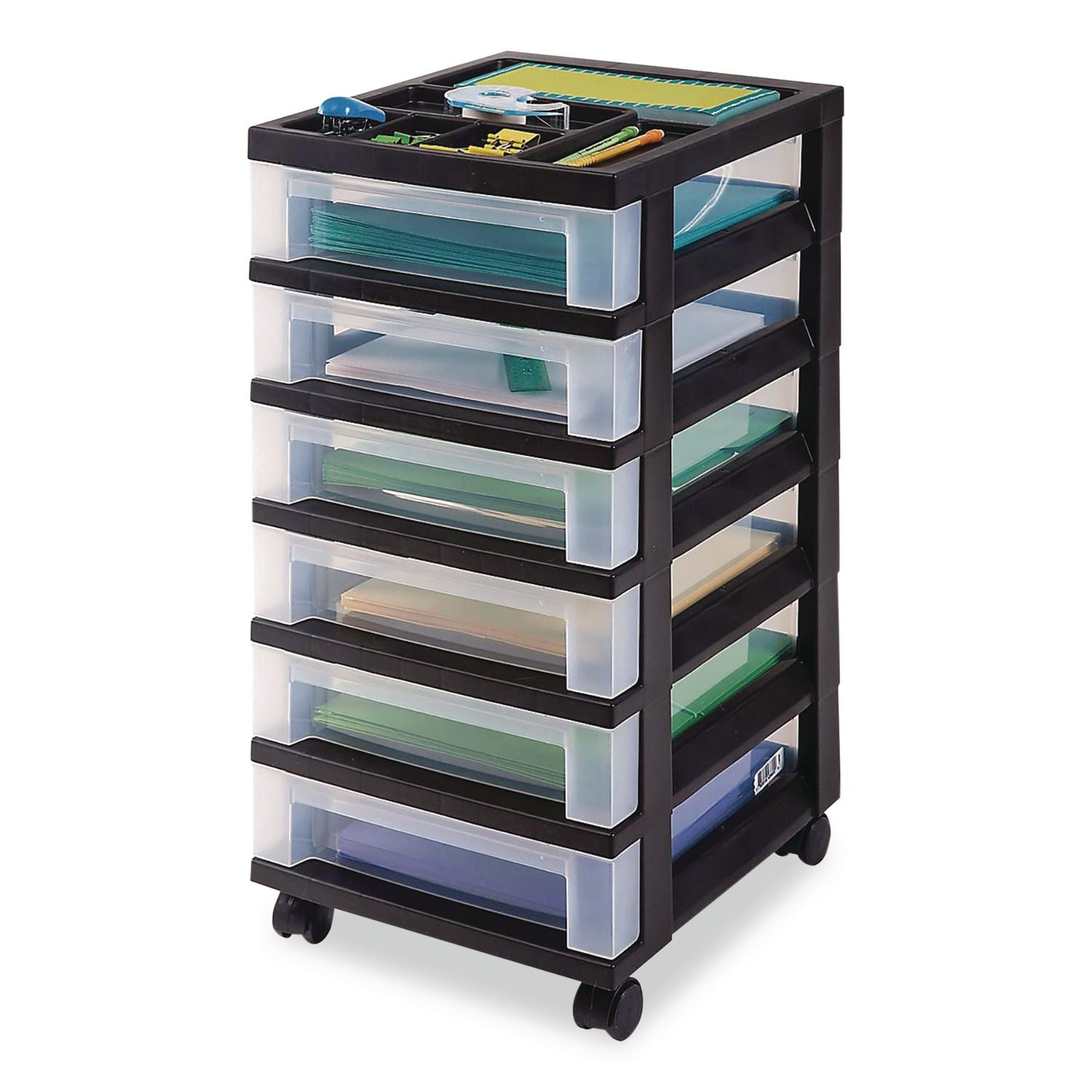 Six-Drawer Durable Storage Cart, Plastic, 15 Lb Capacity, 12.13 X 14.38 X 26.38, Clear/Black