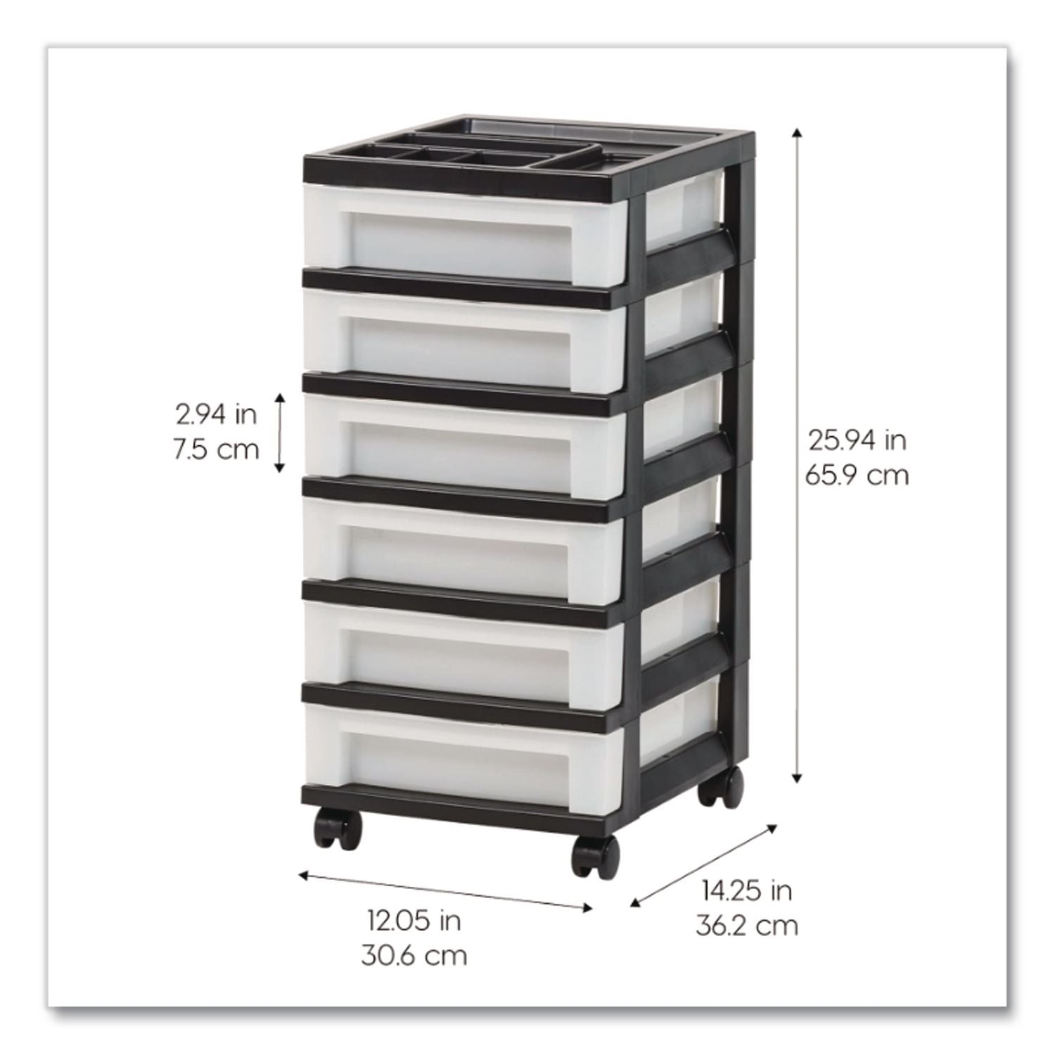 Six-Drawer Durable Storage Cart, Plastic, 15 Lb Capacity, 12.13 X 14.38 X 26.38, Clear/Black