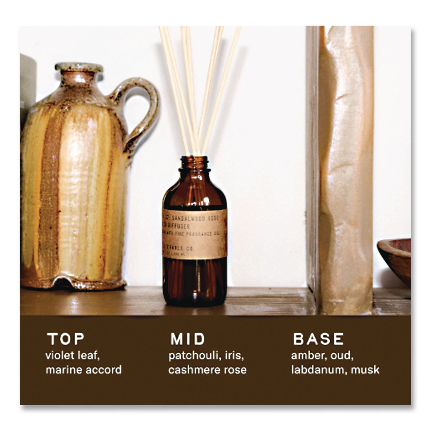Reed Diffuser, Sandalwood Rose, 3.5 Oz, 4.25" Bottle, 9" Reeds, Amber