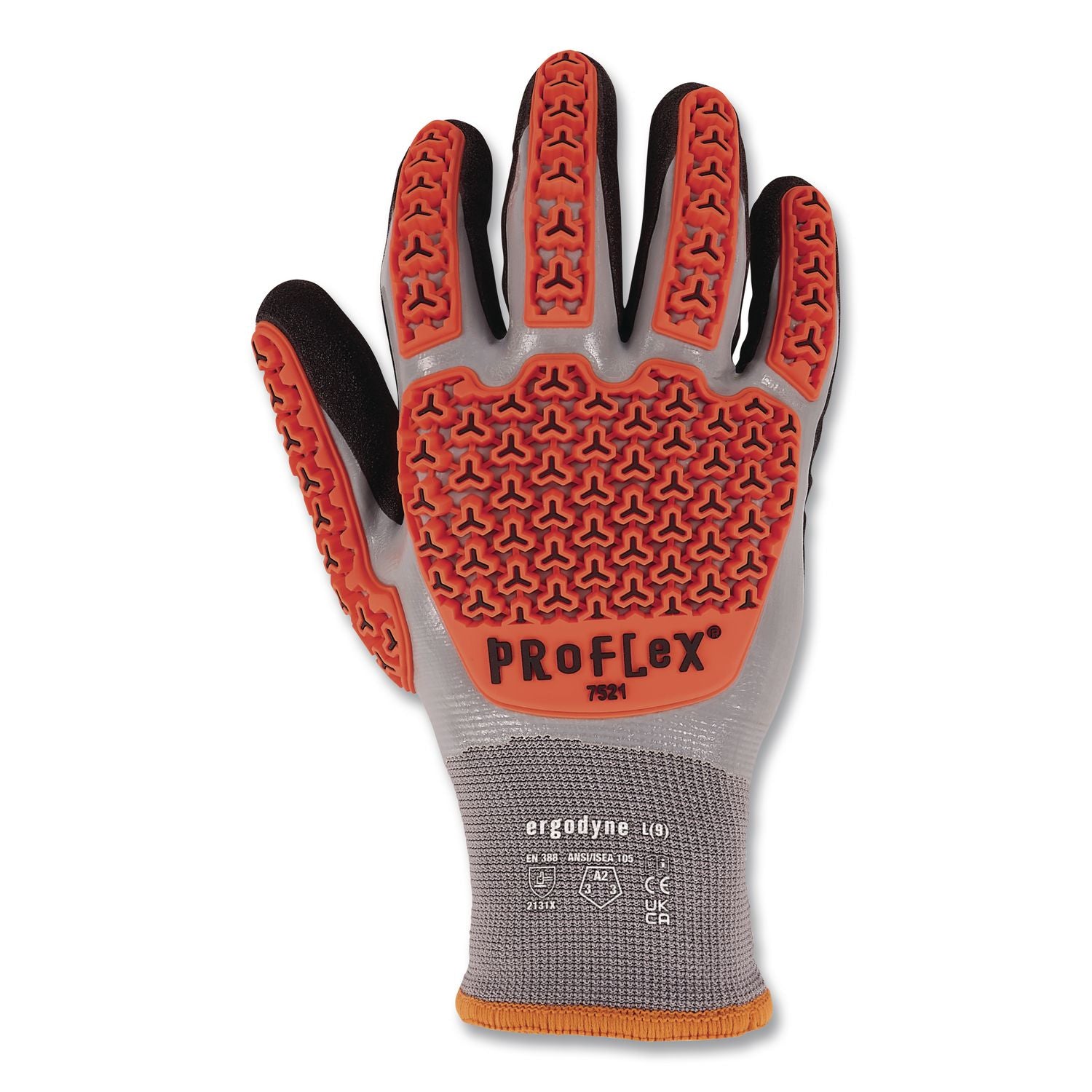 Proflex 7521 Thermal Coated Impact-Resistant Gloves, EN388:2131X, 7.5" Long, 3X-Large (12), Gray/Black/Orange, Pair