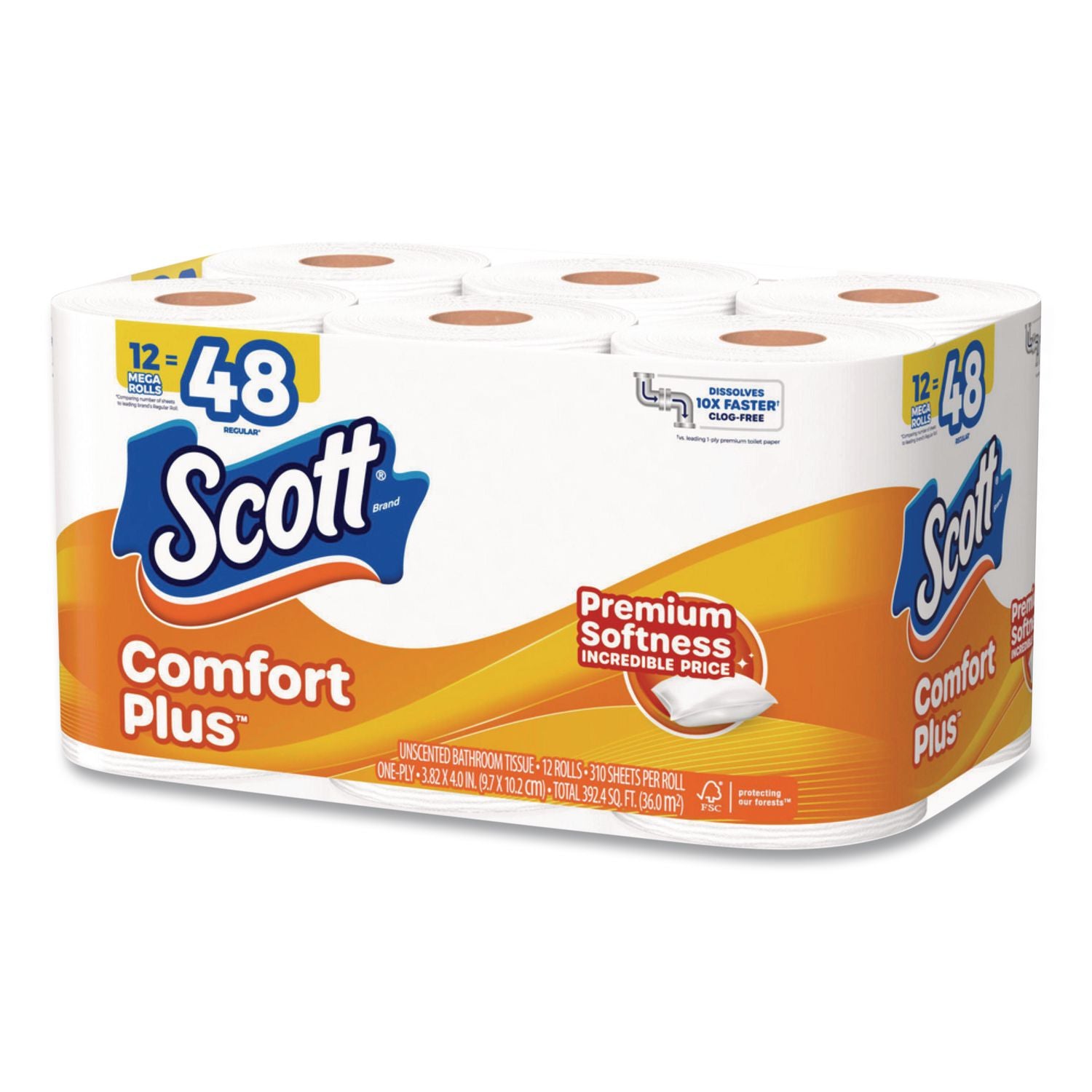 Comfortplus Toilet Paper Mega Rolls, Septic Safe, 1-Ply, White, 310 Sheets, 12 Mega Rolls/Carton