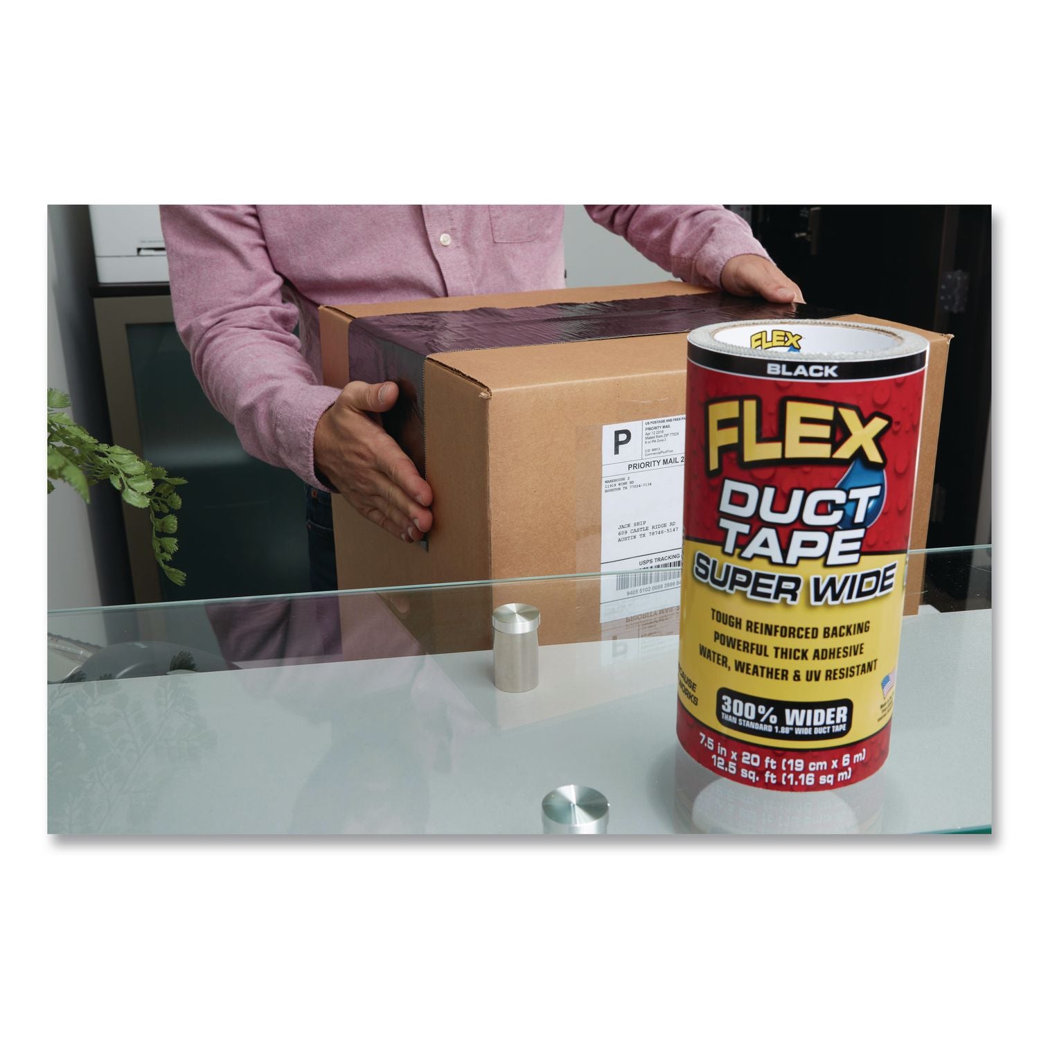 Flex Super Wide Duct Tape, 4" Core, 39 Mil Thick, 7.5" X 20 Ft, Black, 3/Carton