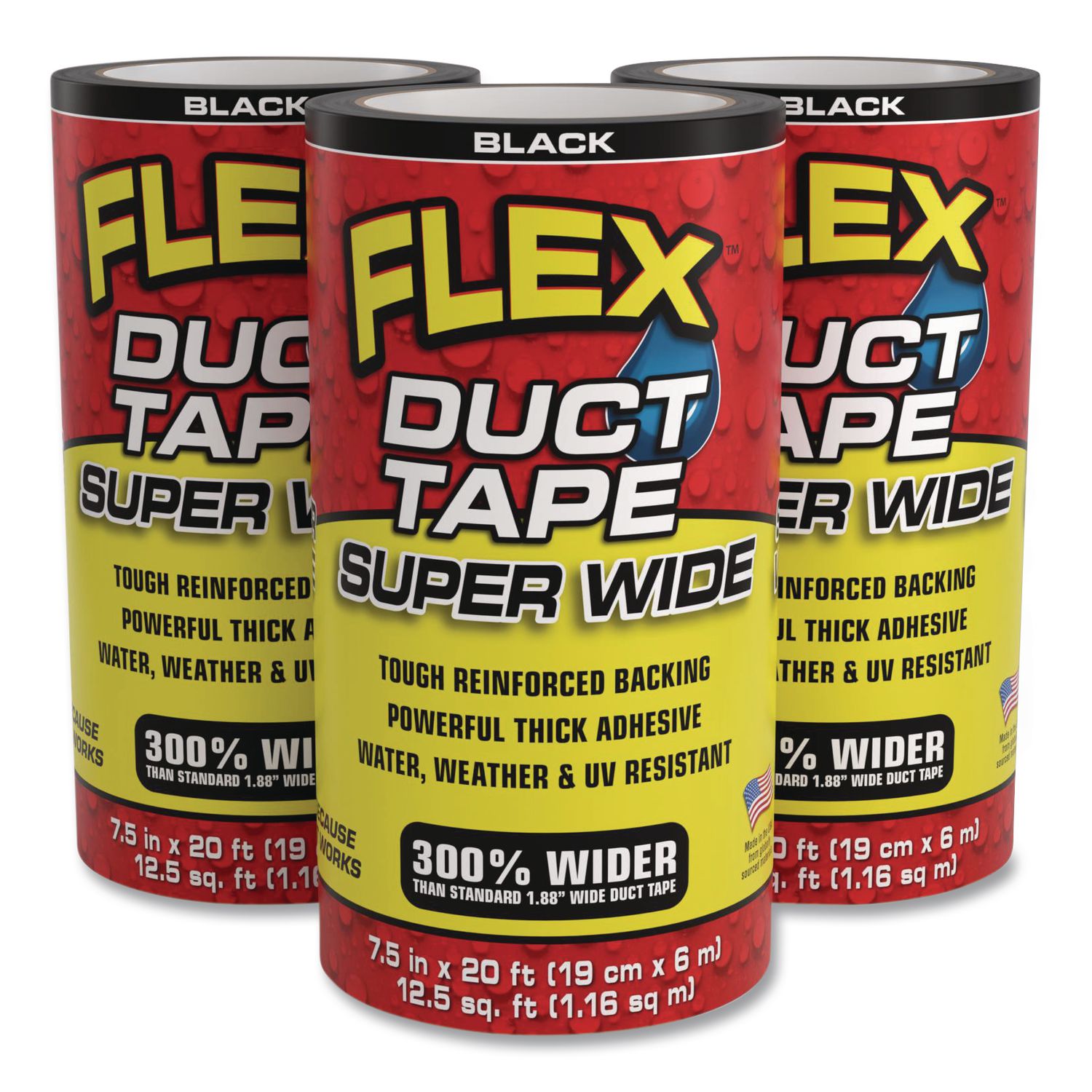 Flex Super Wide Duct Tape, 4" Core, 39 Mil Thick, 7.5" X 20 Ft, Black, 3/Carton