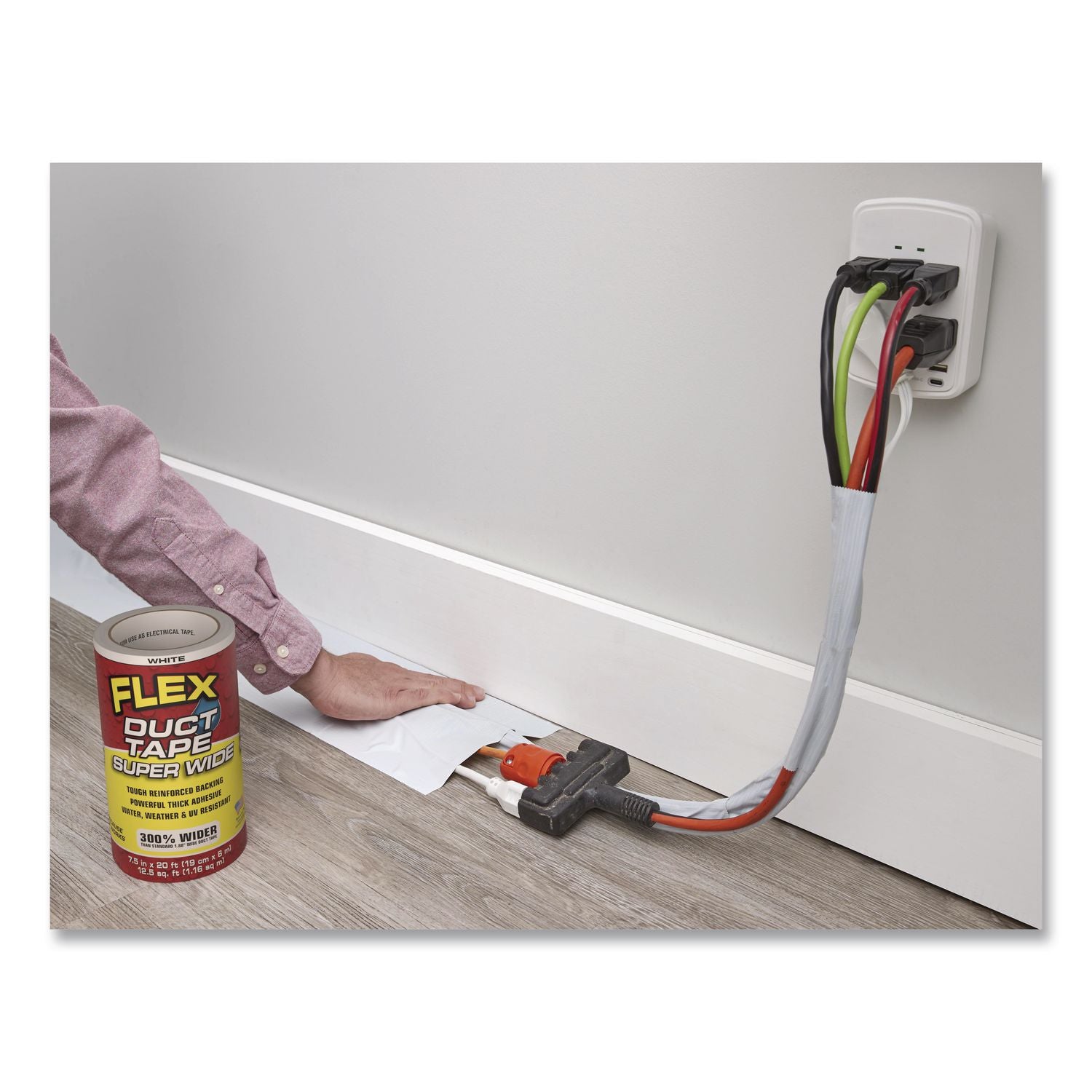 Flex Super Wide Duct Tape, 4" Core, 39 Mil Thick, 7.5" X 20 Ft, White, 3/Carton