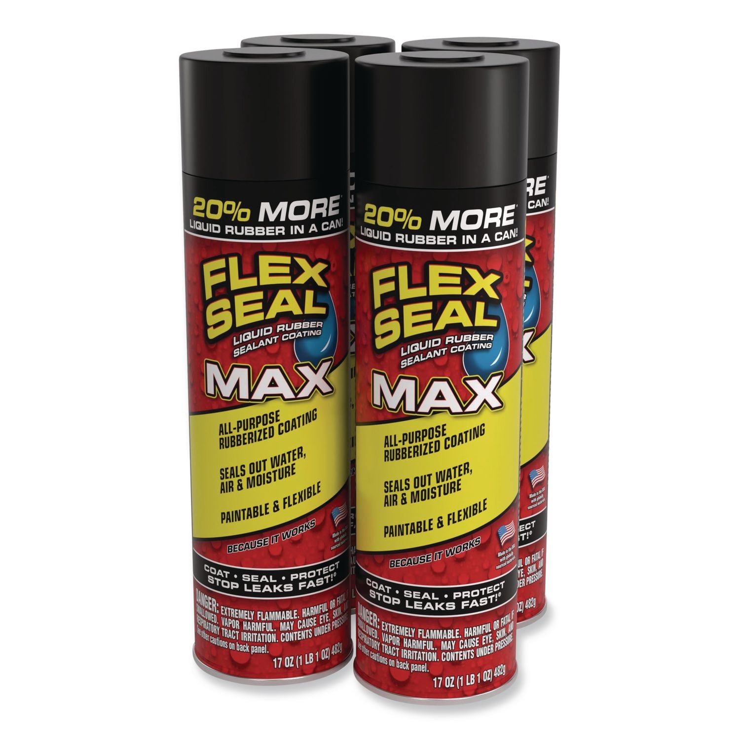 Flex Seal Liquid Rubber Sealant Coating MAX Aerosol, 17 Oz Aerosol Can, Dries Black, 4/Carton