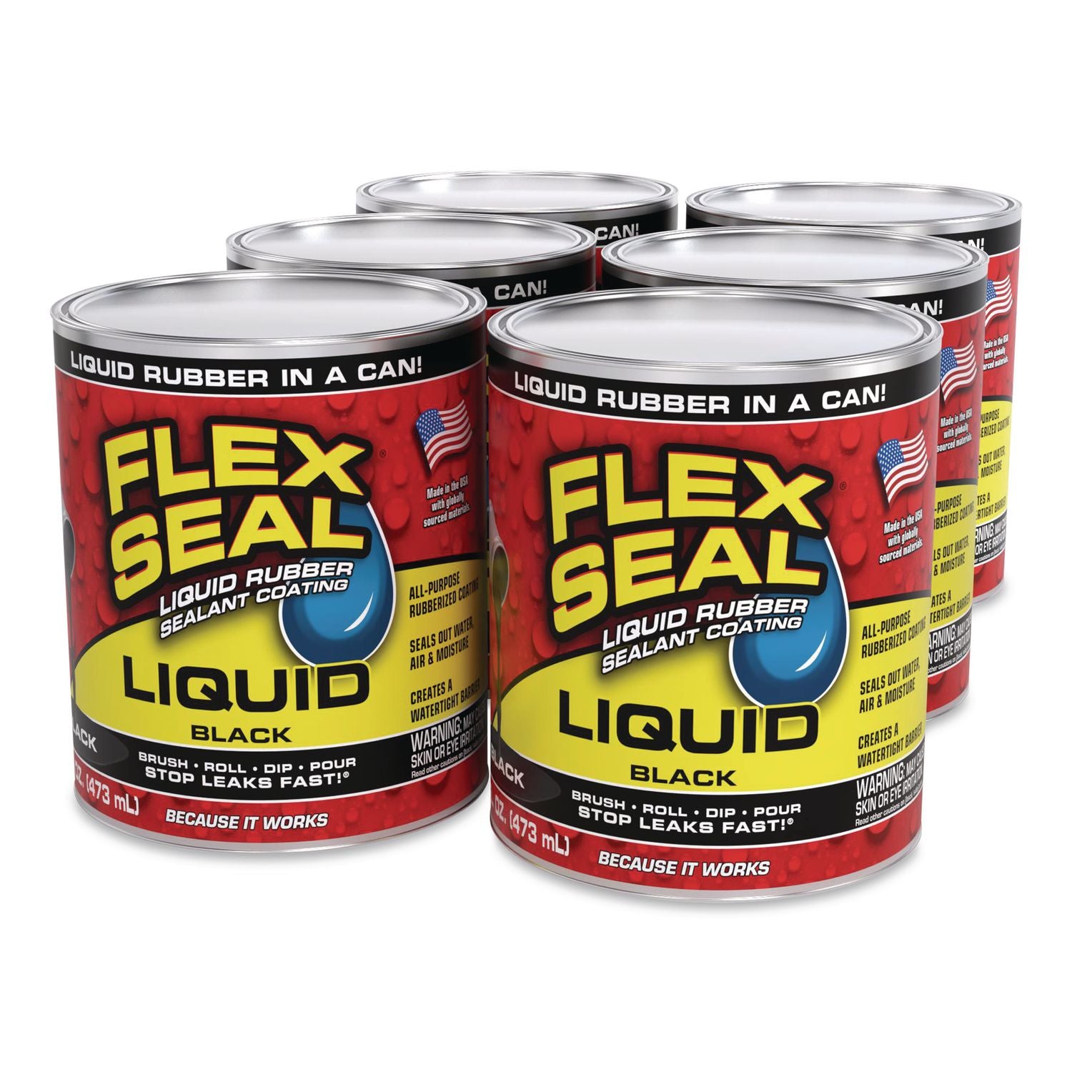 Flex Seal Liquid Rubber Sealant Coating Liquid, 16 Oz Can, Dries Black, 6/Carton