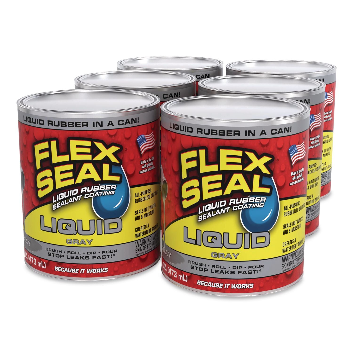 Flex Seal Liquid Rubber Sealant Coating Liquid, 16 Oz Can, Dries Gray, 6/Carton