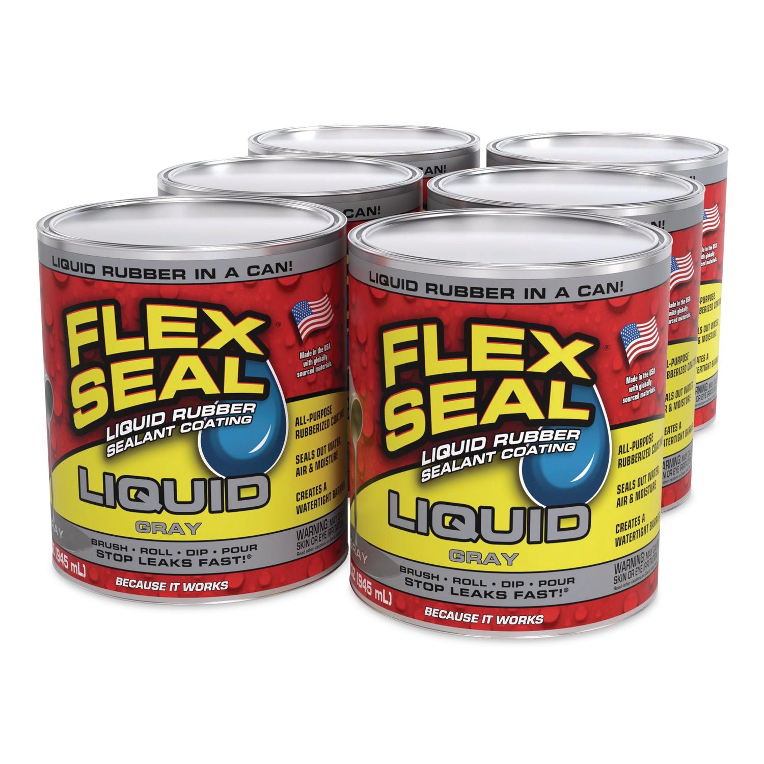 Flex Seal Liquid Rubber Sealant Coating Liquid, 32 Oz Can, Dries Gray, 6/Carton