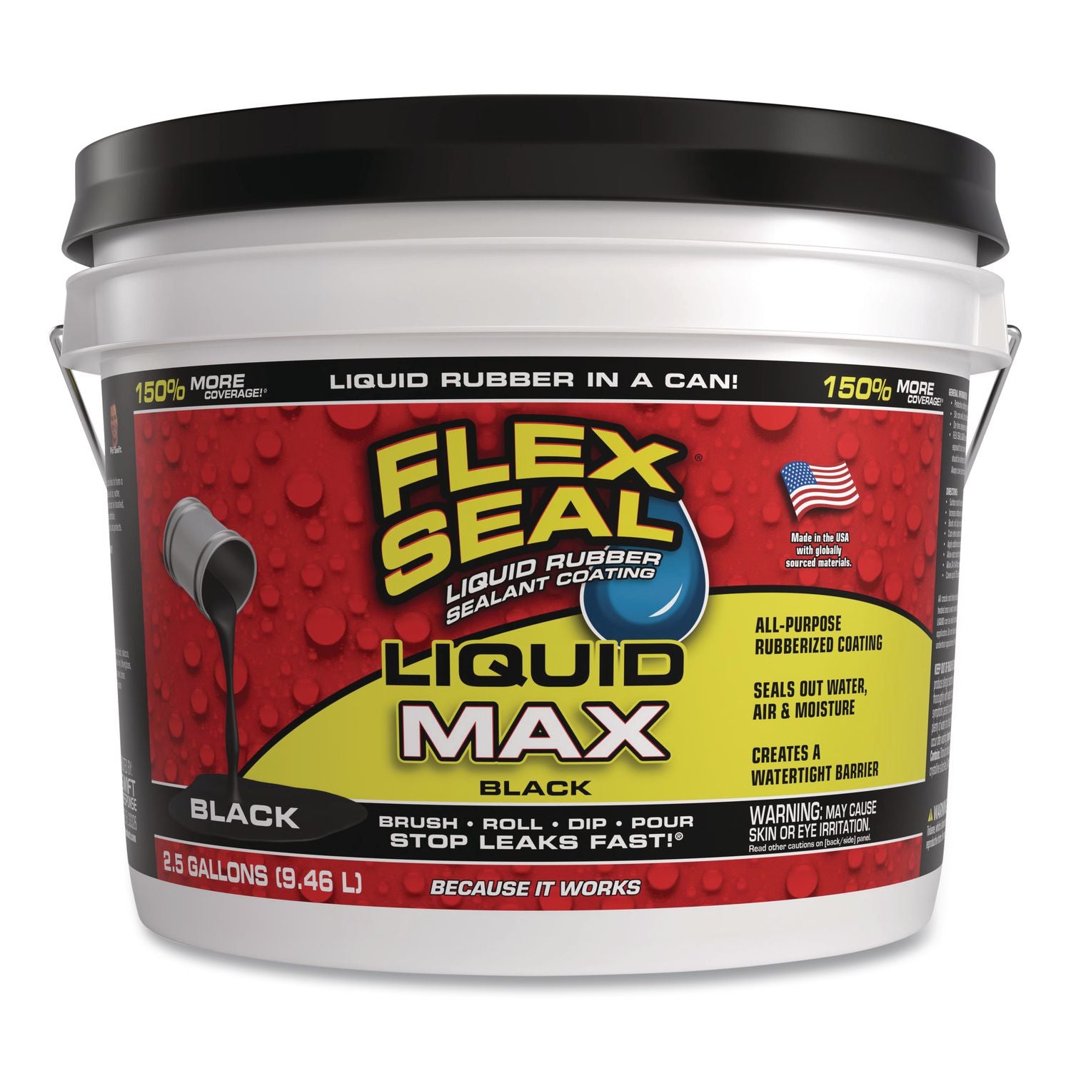 Flex Seal Liquid Rubber Sealant Coating Liquid Max, 2.5 Gal Bucket, Dries Black