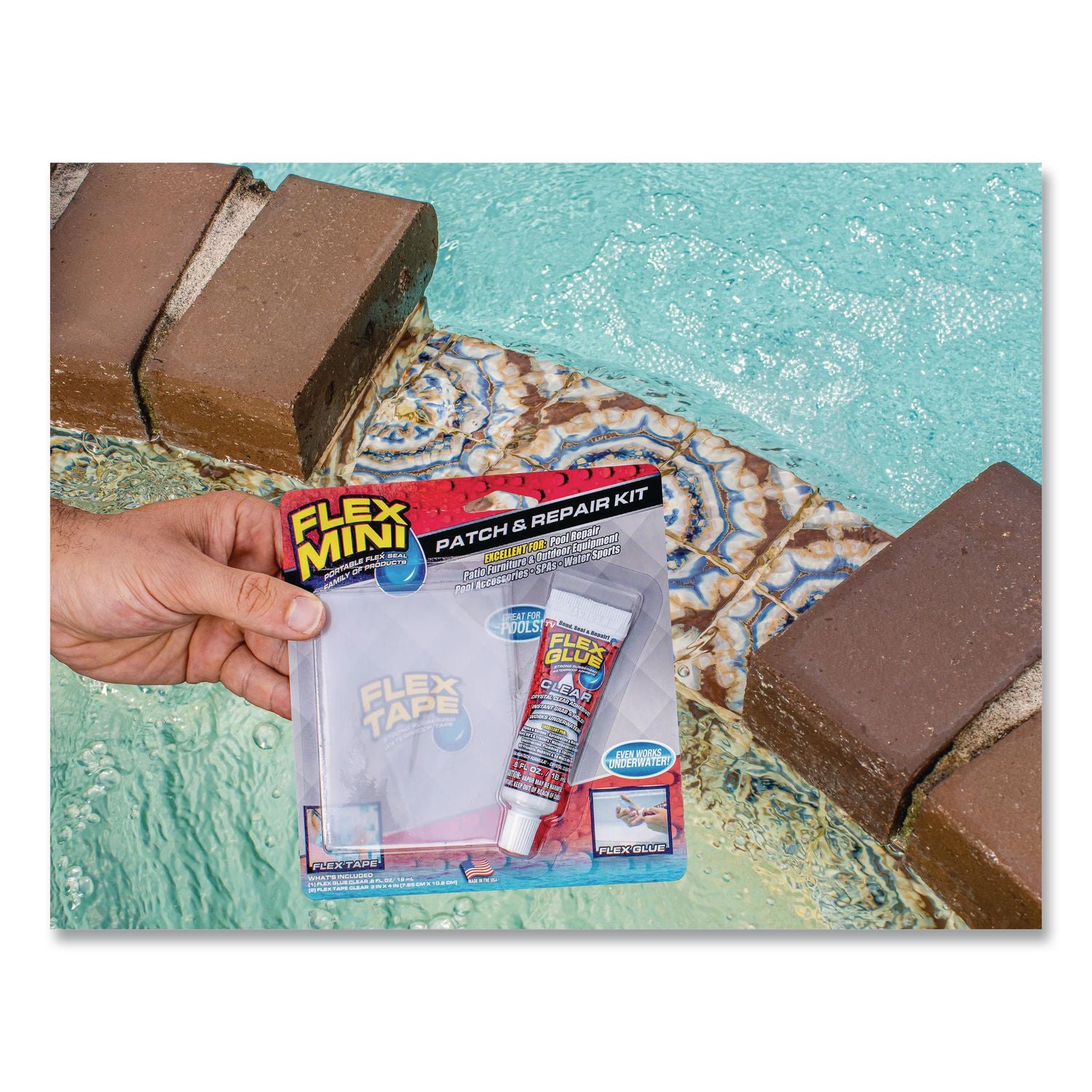 Pool Patch And Repair Kit, Flex Glue Mini Clear 0.6 Oz Tube And (2) Flex Tape Mini Clear Patches 3" X 4", 12/Carton