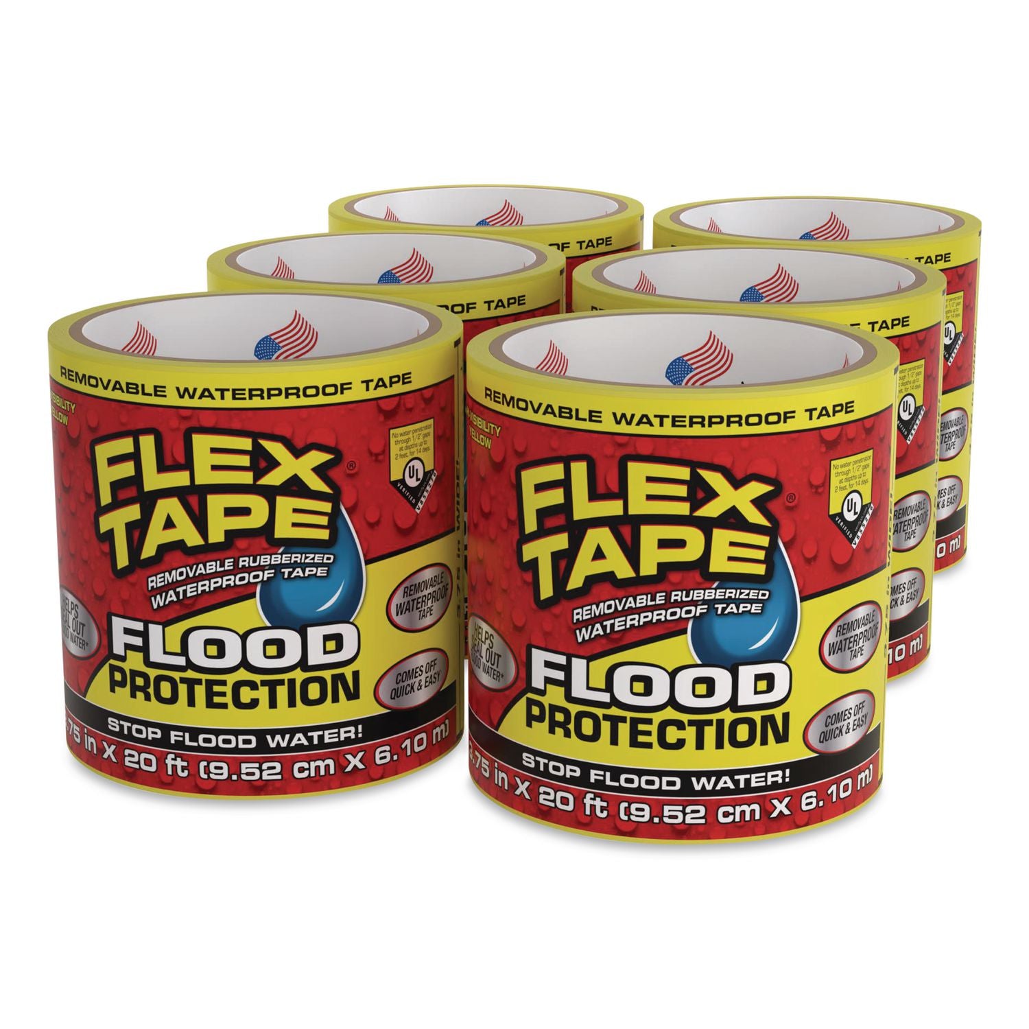 Flex Tape Removable Rubberized Waterproof Flood Protection Tape, 3.75" X 20 Ft, Yellow, 6/Carton