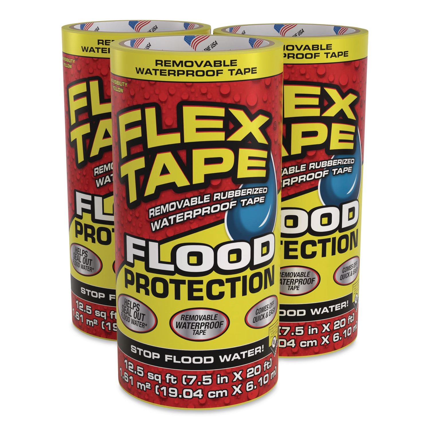 Flex Tape Removable Rubberized Waterproof Flood Protection Tape, 7.5" X 20 Ft, Yellow, 3/Carton