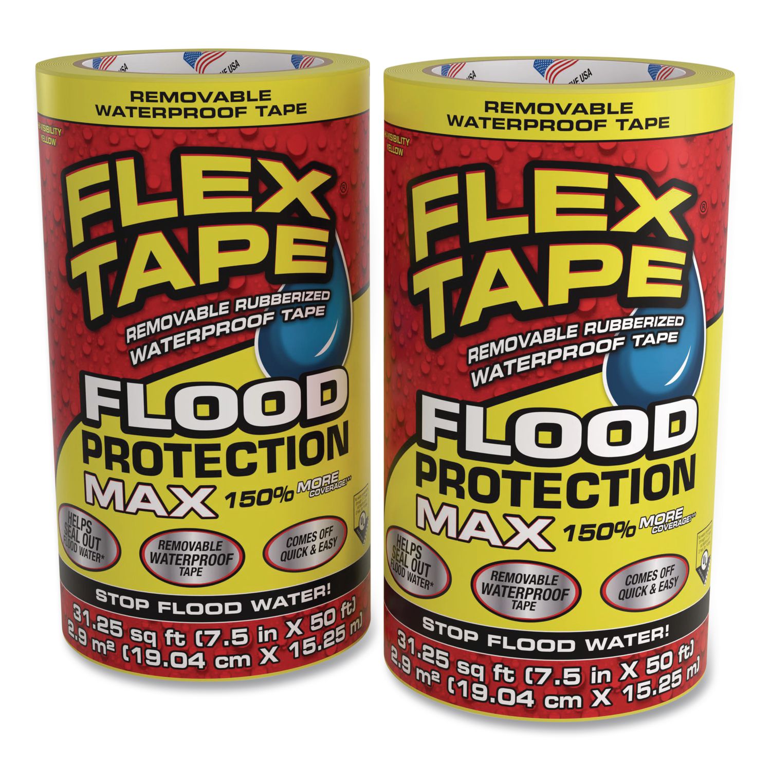 Flex Tape Removable Rubberized Waterproof Flood Protection Tape, 7.5" X 50 Ft, Yellow, 2/Carton