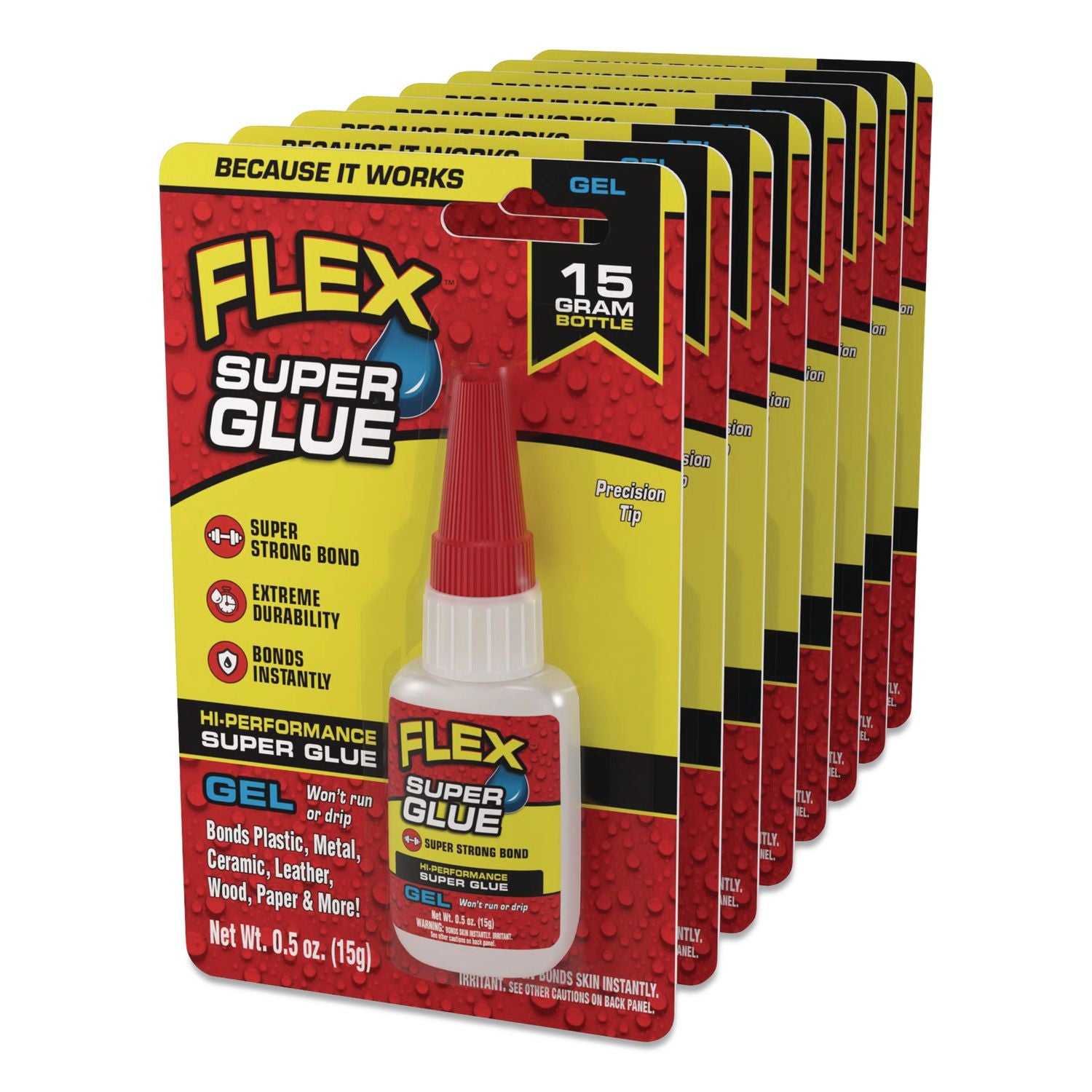 Flex Super Glue, Precision Tip, Gel, 0.5 Oz, Dries Clear, 8/Carton
