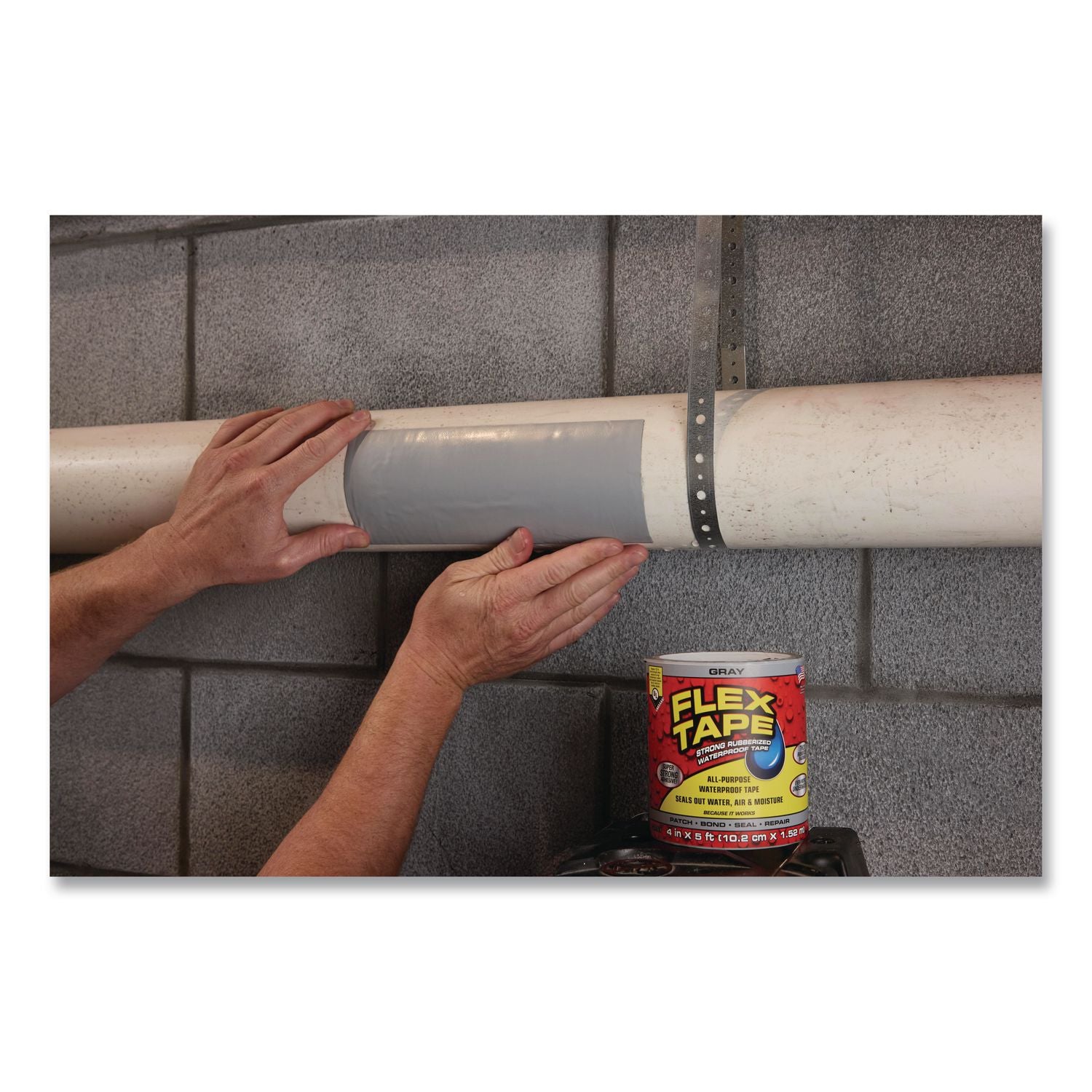 Flex Tape Strong Rubberized Waterproof Tape, 4" Core, 39 Mil Thick, 8" X 5 Ft, Gray, 4/Carton