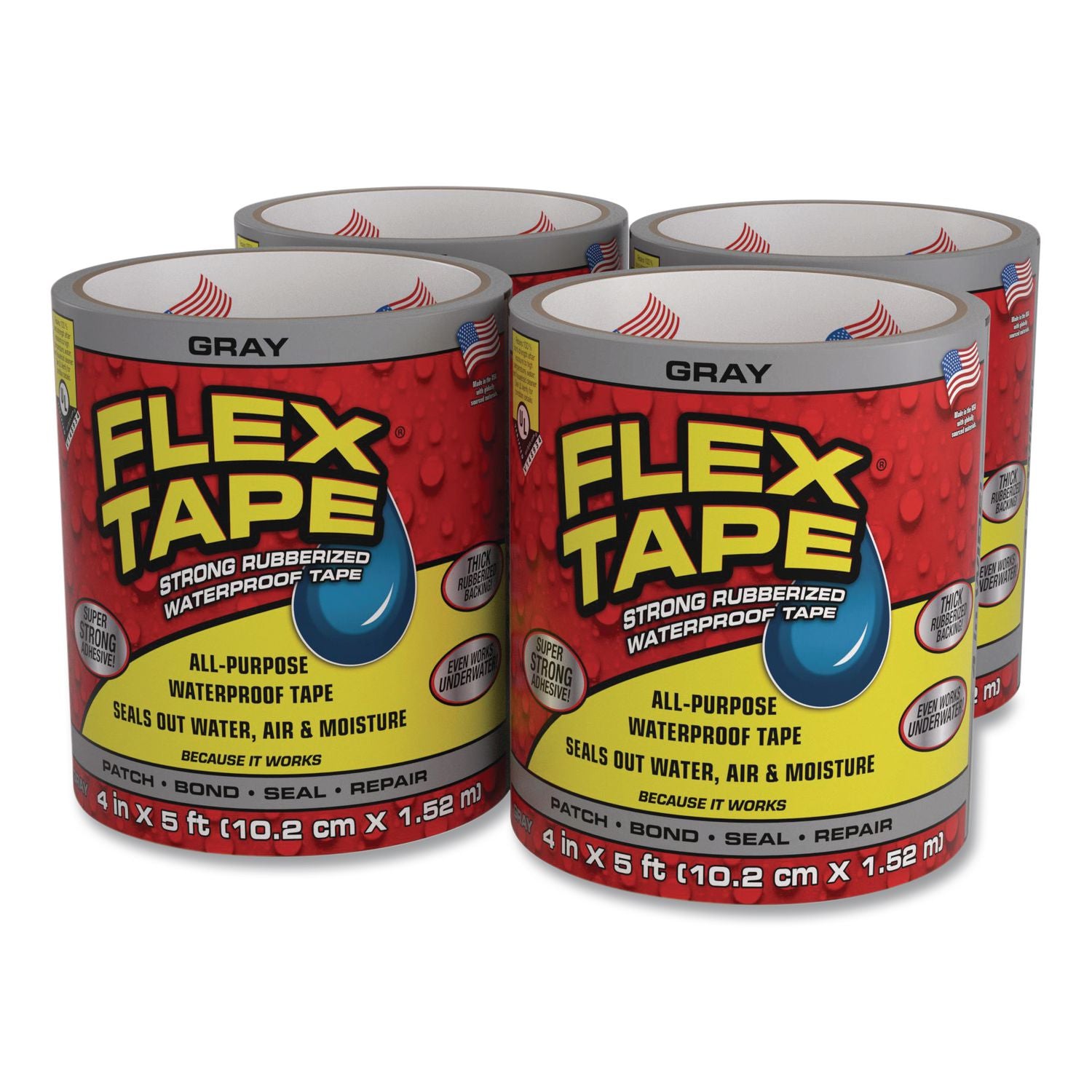Flex Tape Strong Rubberized Waterproof Tape, 4" Core, 39 Mil Thick, 4" X 5 Ft, Gray, 4/Carton