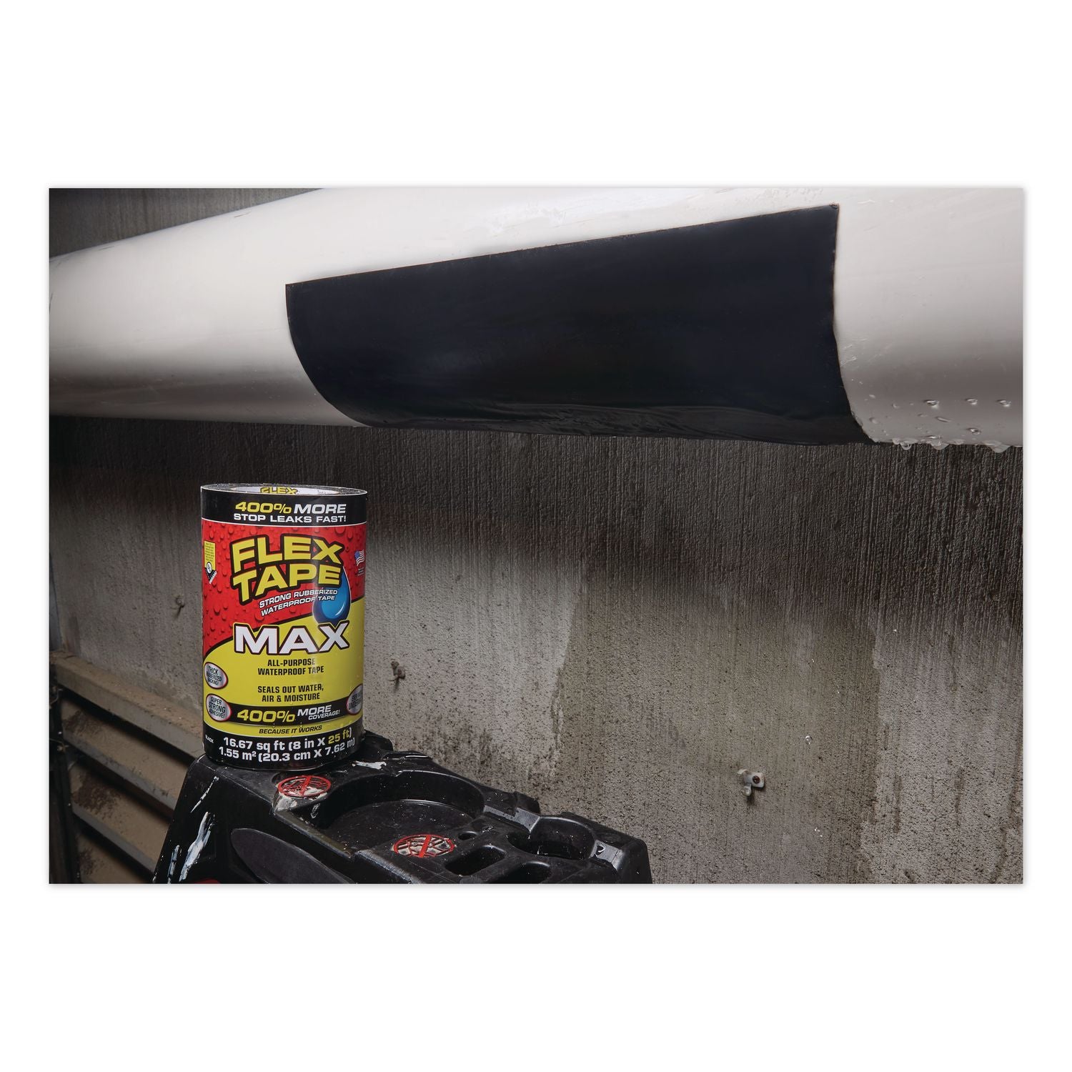 MAX Strong Rubberized Waterproof Tape, 4" Core, 39 Mils Thick, 8" X 25 Ft, Black, 3/Carton