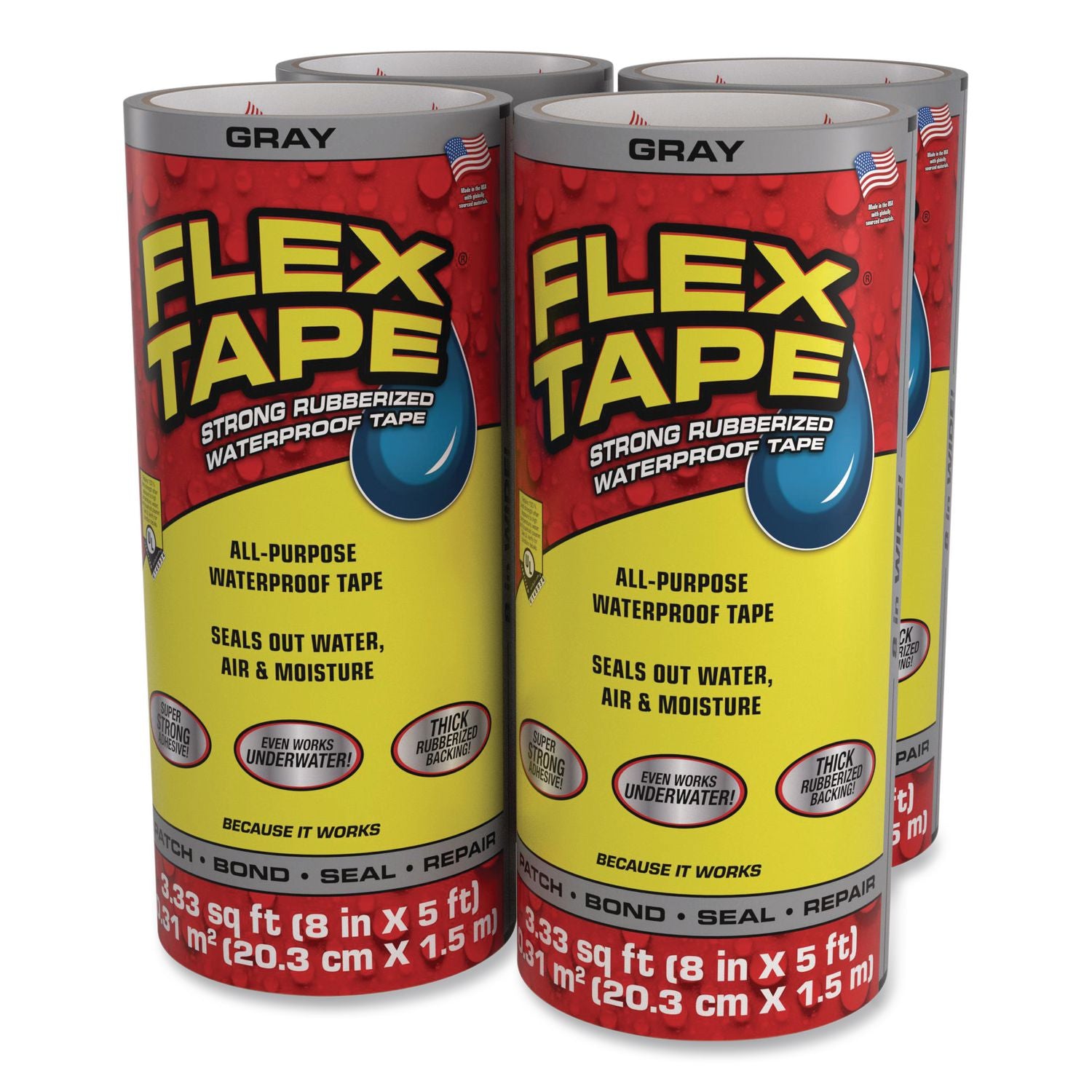Flex Tape Strong Rubberized Waterproof Tape, 4" Core, 39 Mil Thick, 8" X 5 Ft, Gray, 4/Carton