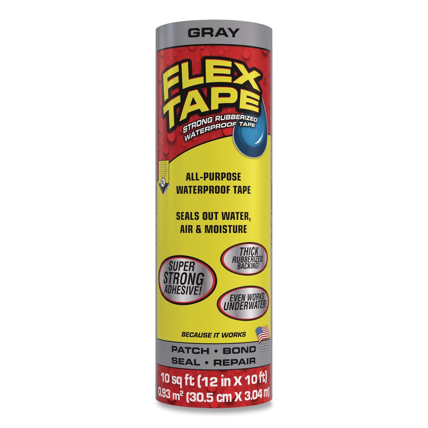 Flex Tape Strong Rubberized Waterproof Tape, 4" Core, 39 Mil Thick, 12" X 10 Ft, Gray, 4/Carton