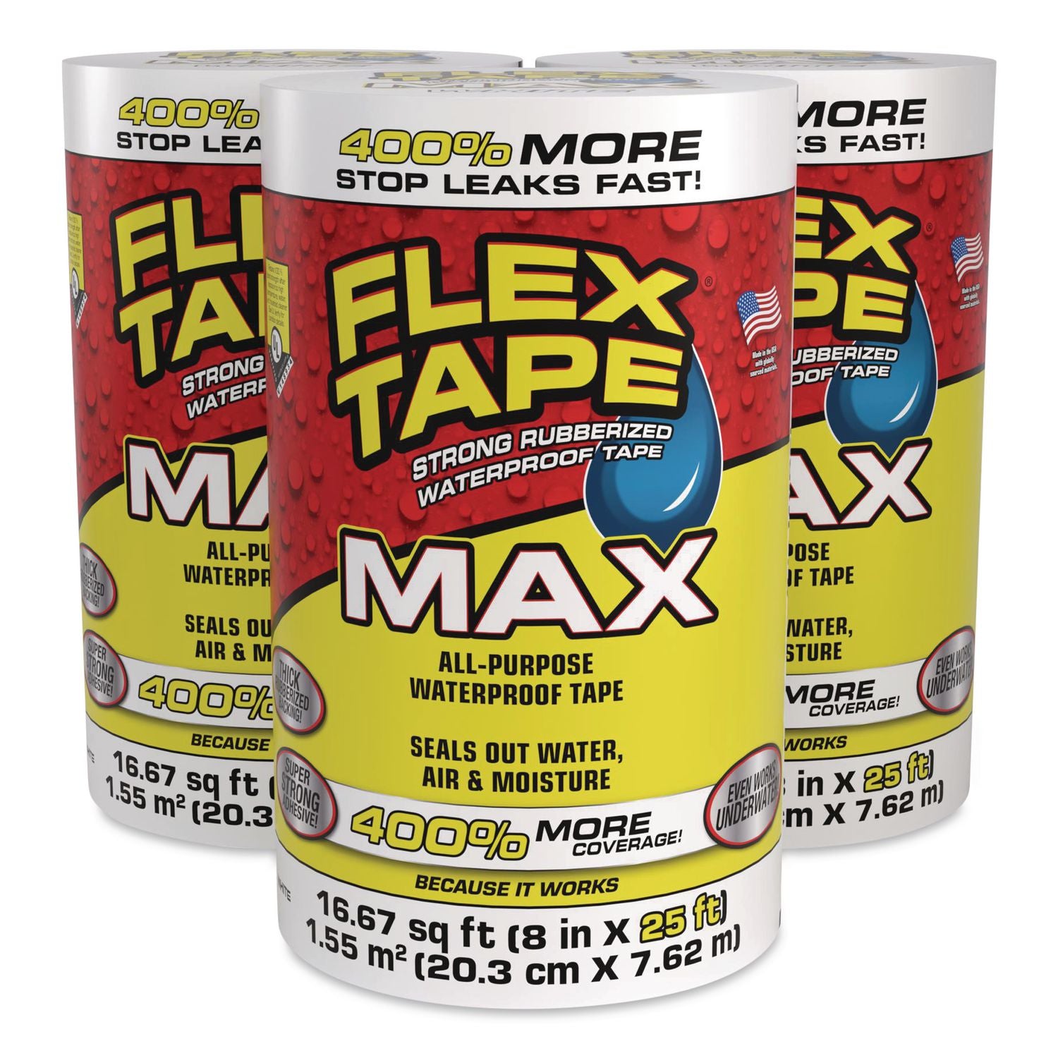 MAX Strong Rubberized Waterproof Tape, 4" Core, 39 Mils Thick, 8" X 25 Ft, White, 3/Carton