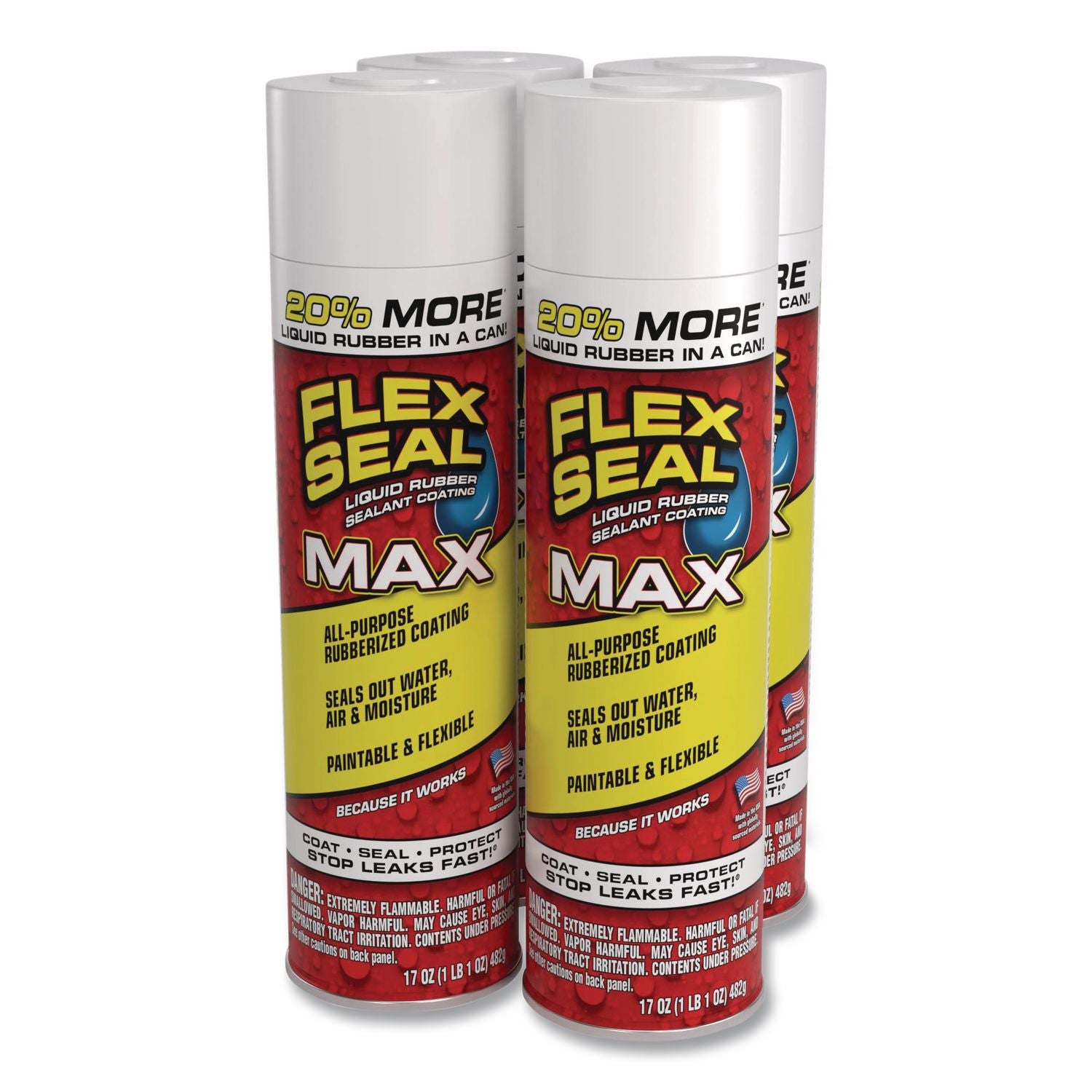 Flex Seal Liquid Rubber Sealant Coating MAX Aerosol, 17 Oz Aerosol Can, Dries White, 4/Carton
