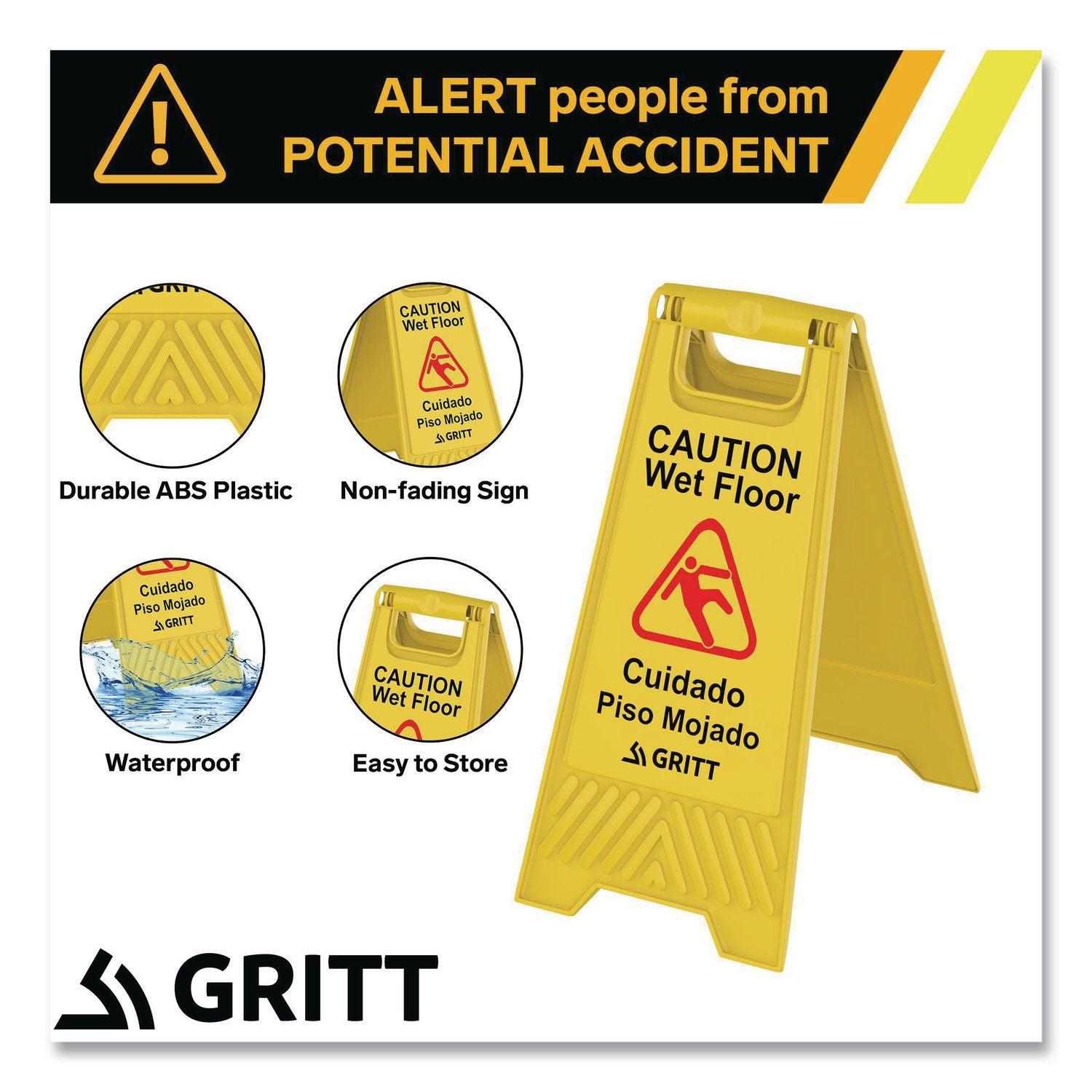 Caution Wet Floor Sign, 11.8 X 12 X 24, Yellow, 3/Pack