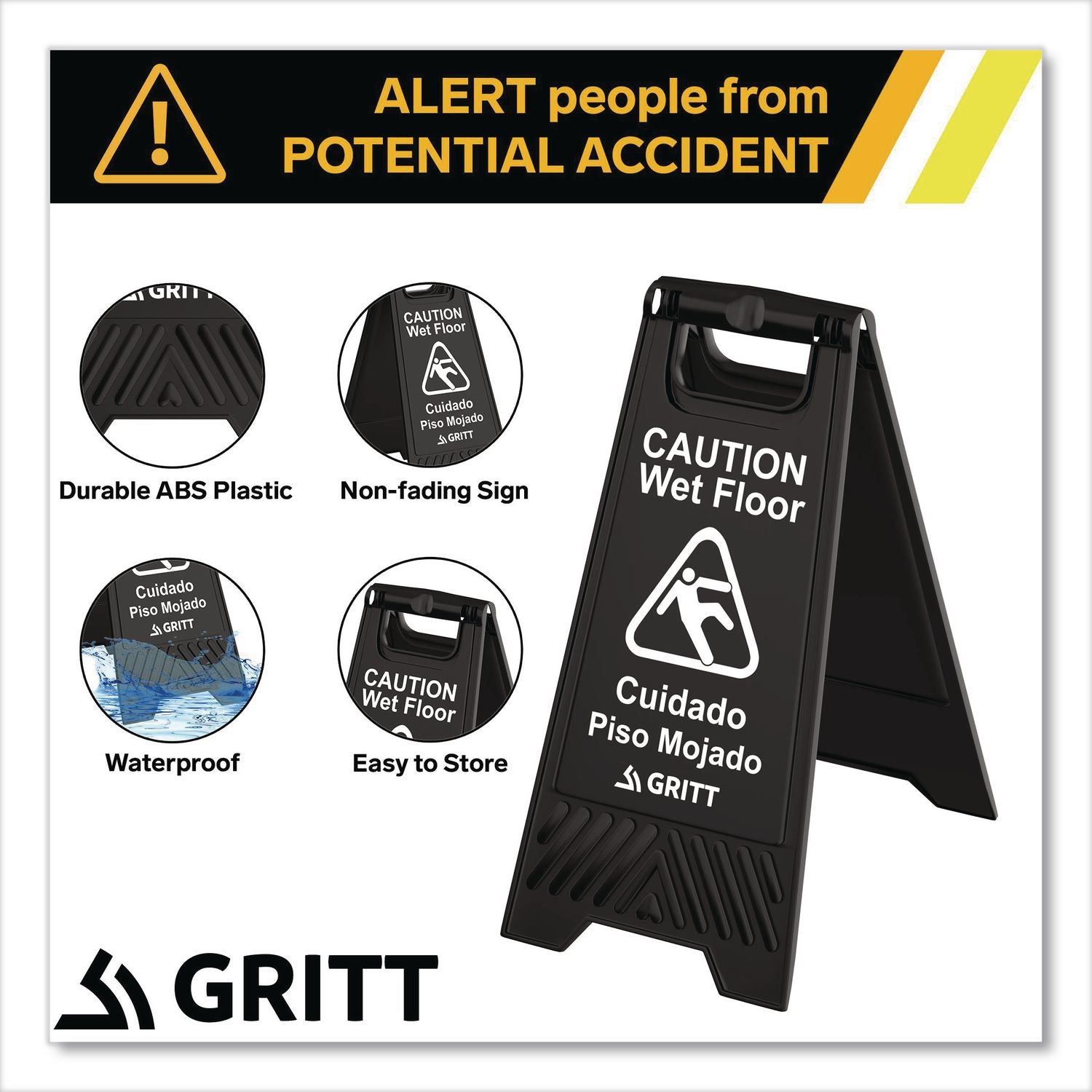 Caution Wet Floor Sign, 11.8 X 12 X 24, Black, 3/Pack