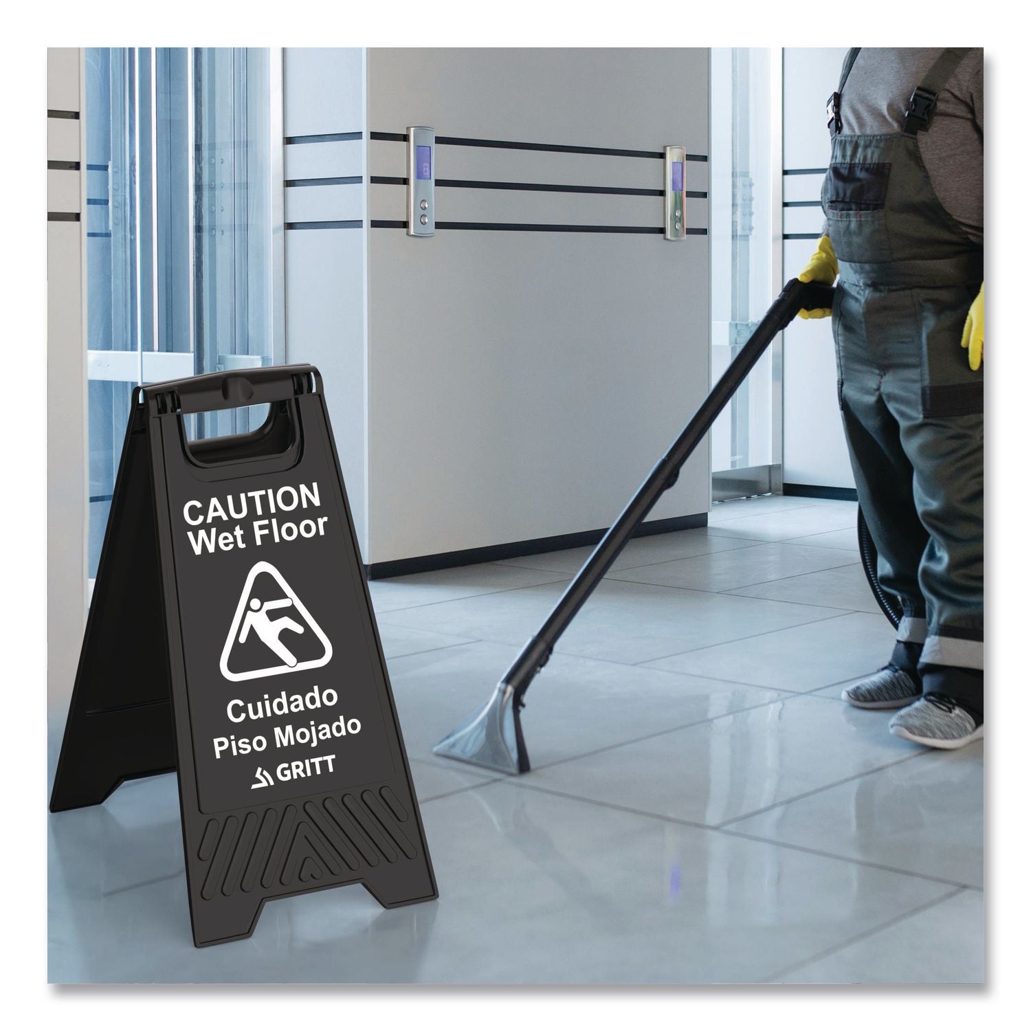 Caution Wet Floor Sign, 11.8 X 12 X 24, Black, 3/Pack