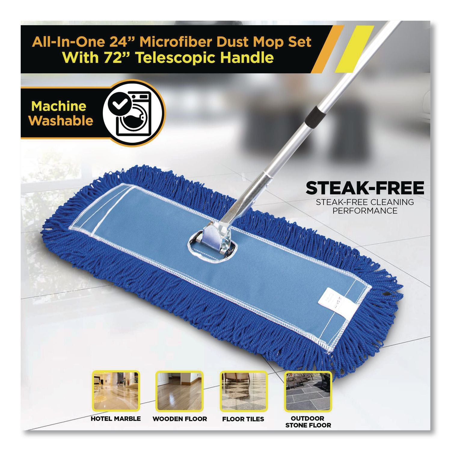 All-In-One 24" Microfiber Dust Mop Set With 72" Telescopic Handle, 24" X 5", Blue, Microfiber Head, 72" Silver Handle, 4 Kits